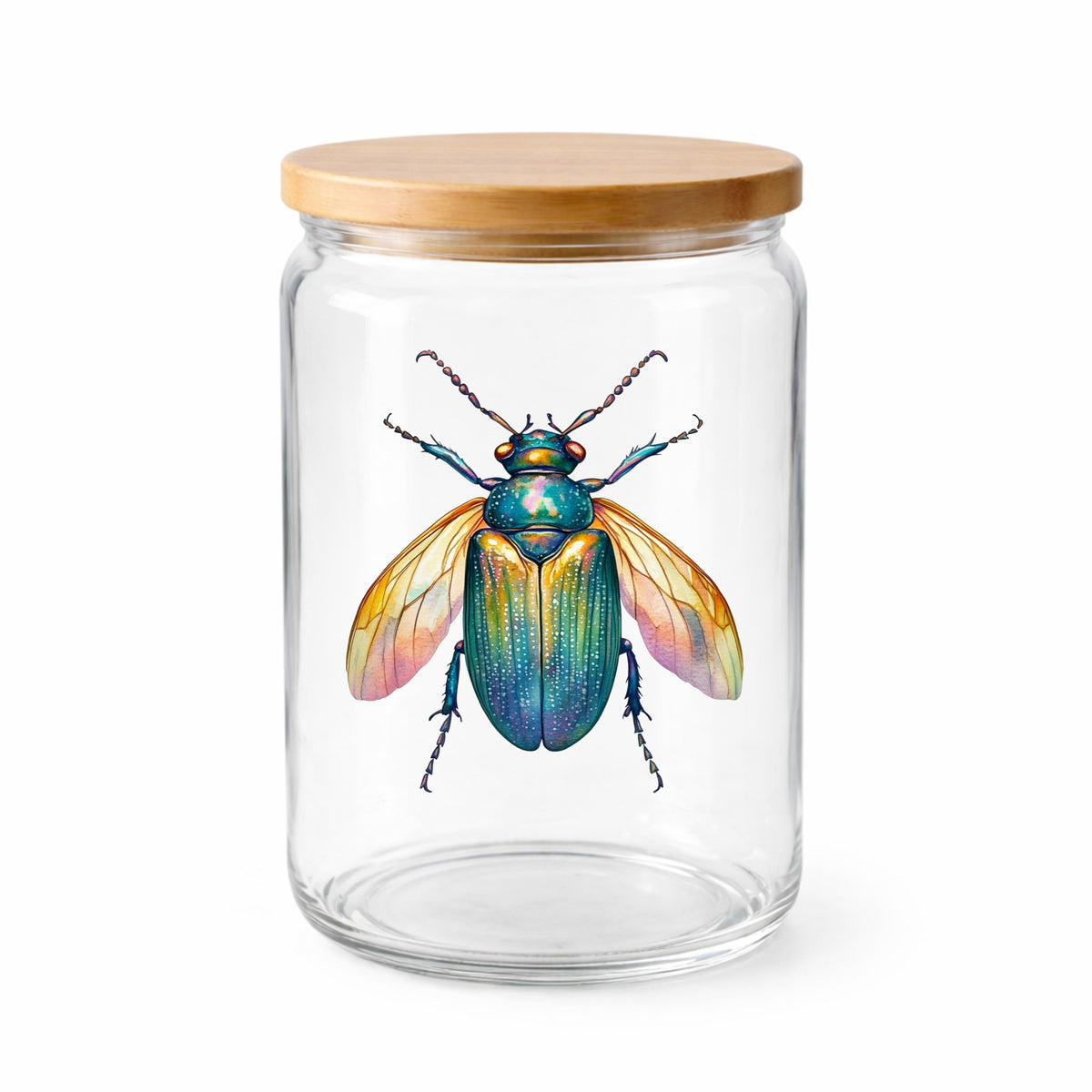 Golden Winged Flying Beetle UV DTF sticker applied to a clear glass jar with a wooden lid