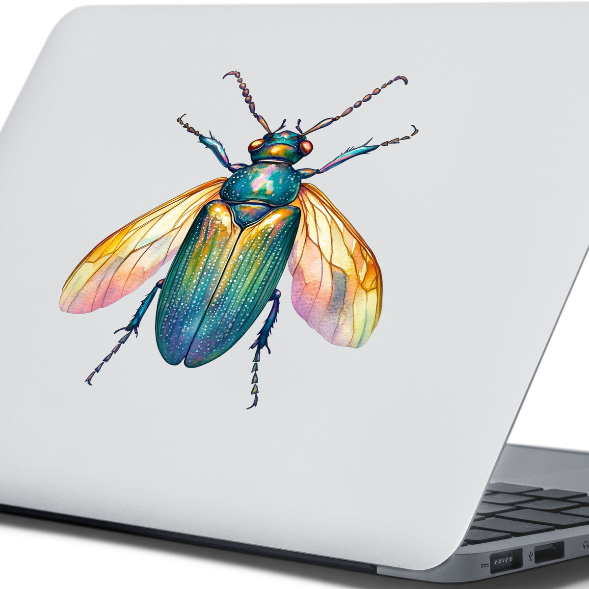 Golden Winged Flying Beetle UV DTF sticker applied to the lid of a silver laptop