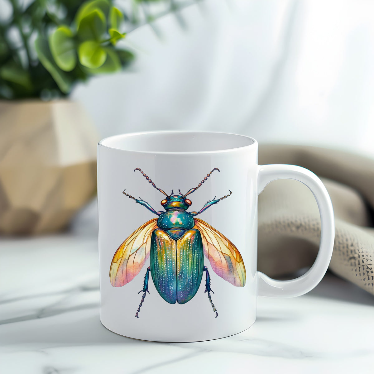 Golden Winged Flying Beetle UV DTF sticker applied to a white coffee mug