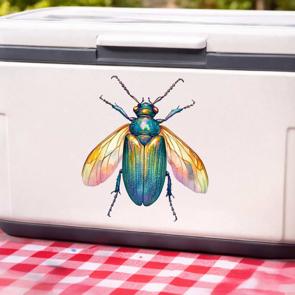 Golden Winged Flying Beetle UV DTF sticker applied to a white cooler on a red gingham cloth