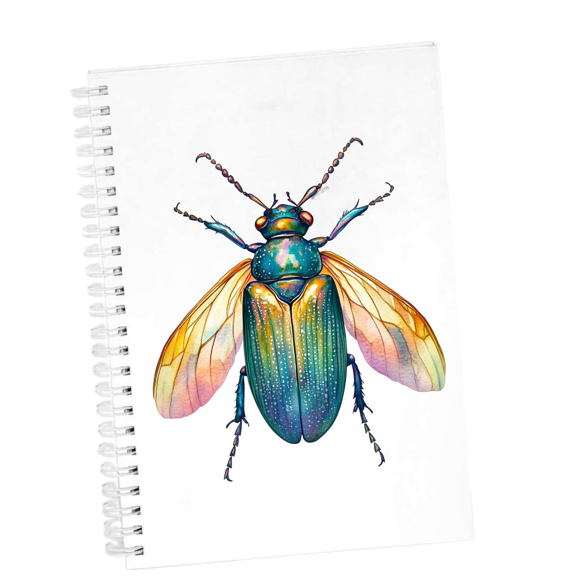 Golden Winged Flying Beetle UV DTF sticker applied to the cover of a white spiral journal