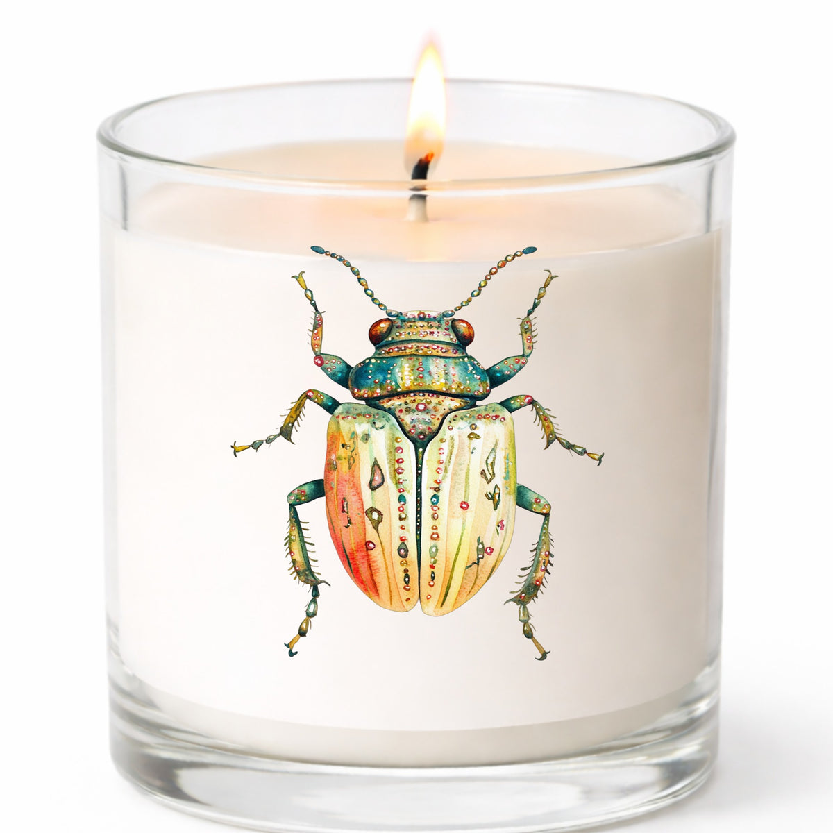 Cream And Coral Jeweled Beetle UV DTF sticker applied to a white candle in a clear glass jar