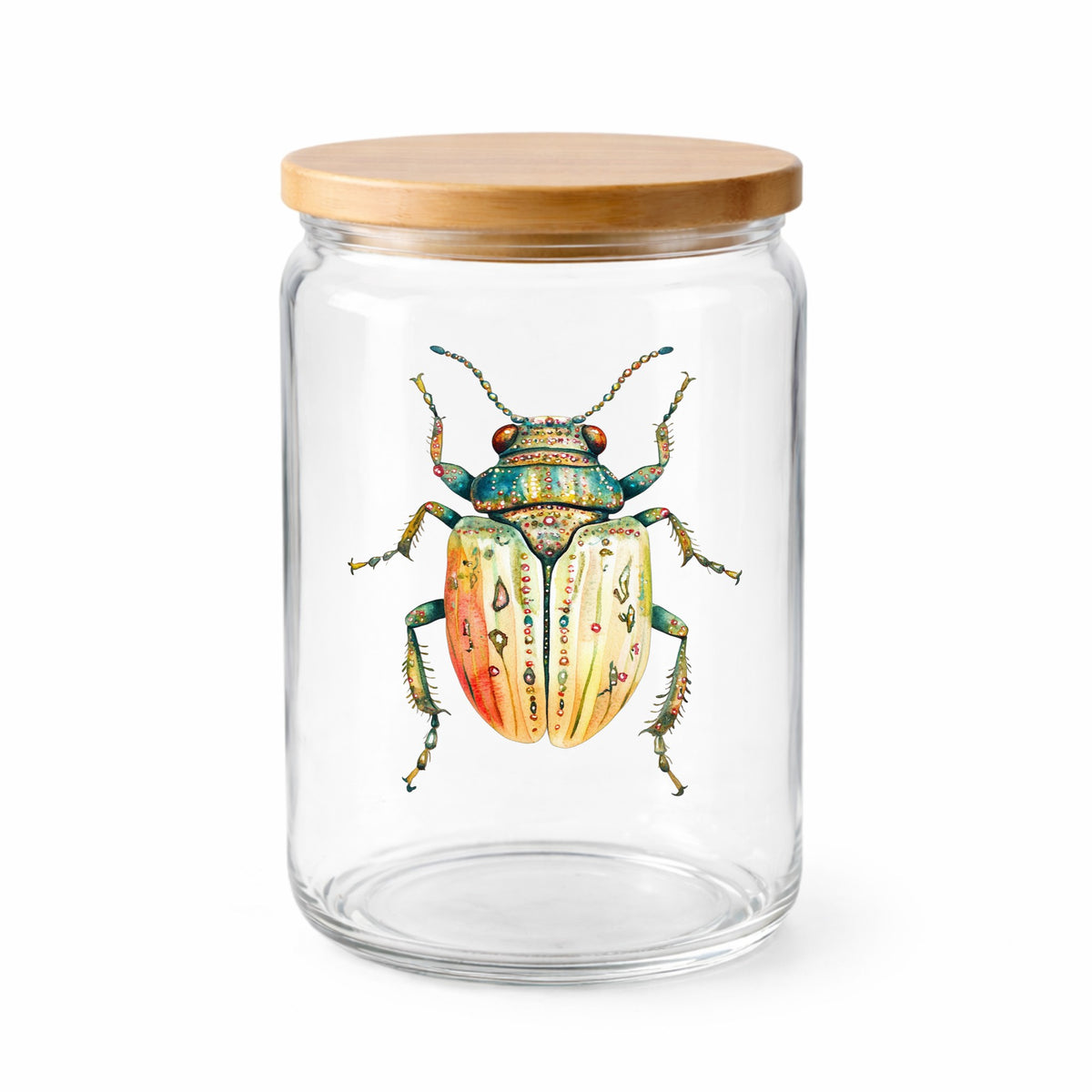 Cream And Coral Jeweled Beetle UV DTF sticker applied to a clear glass jar with a wooden lid
