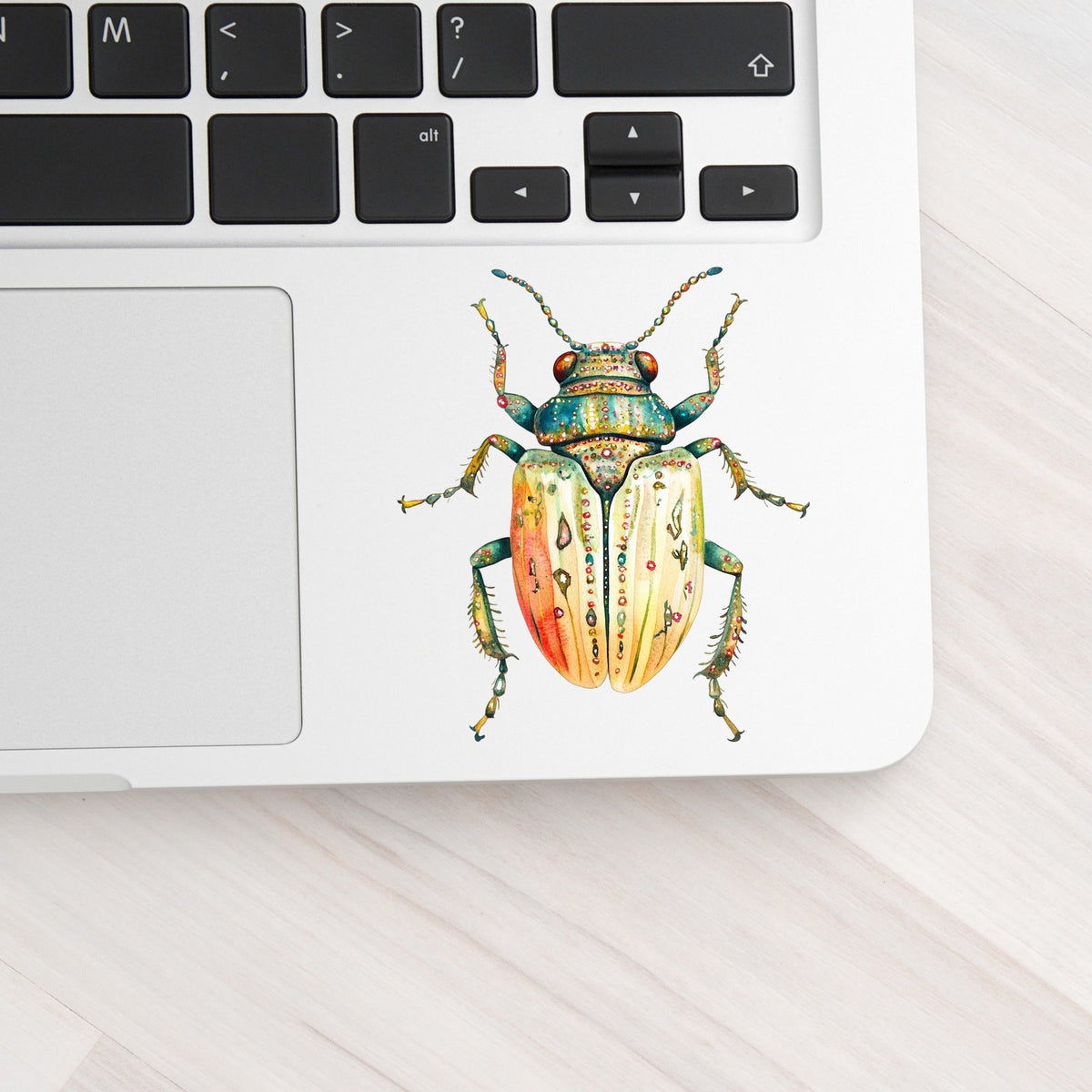Cream And Coral Jeweled Beetle UV DTF sticker applied to a silver laptop beside the keyboard