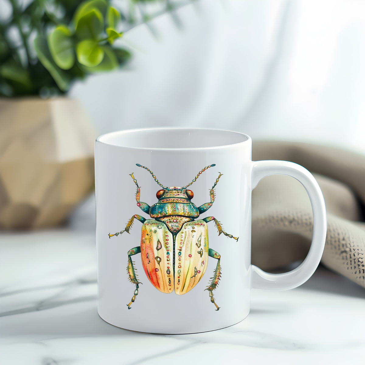 Cream And Coral Jeweled Beetle UV DTF sticker applied to a white coffee mug