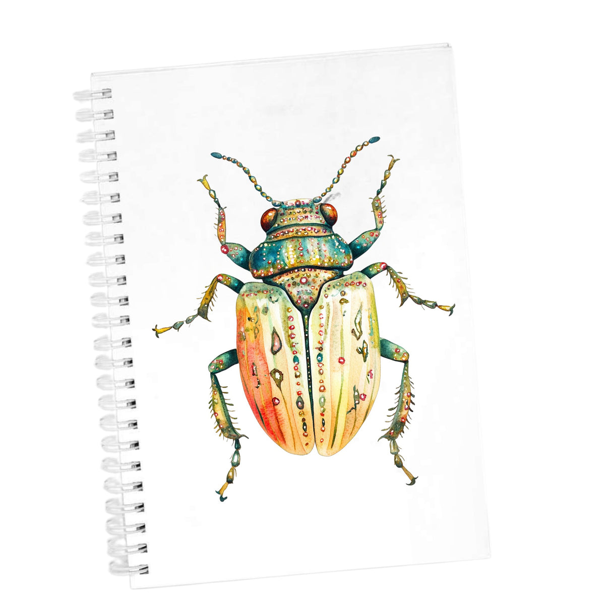Cream And Coral Jeweled Beetle UV DTF sticker applied to the cover of a white spiral journal