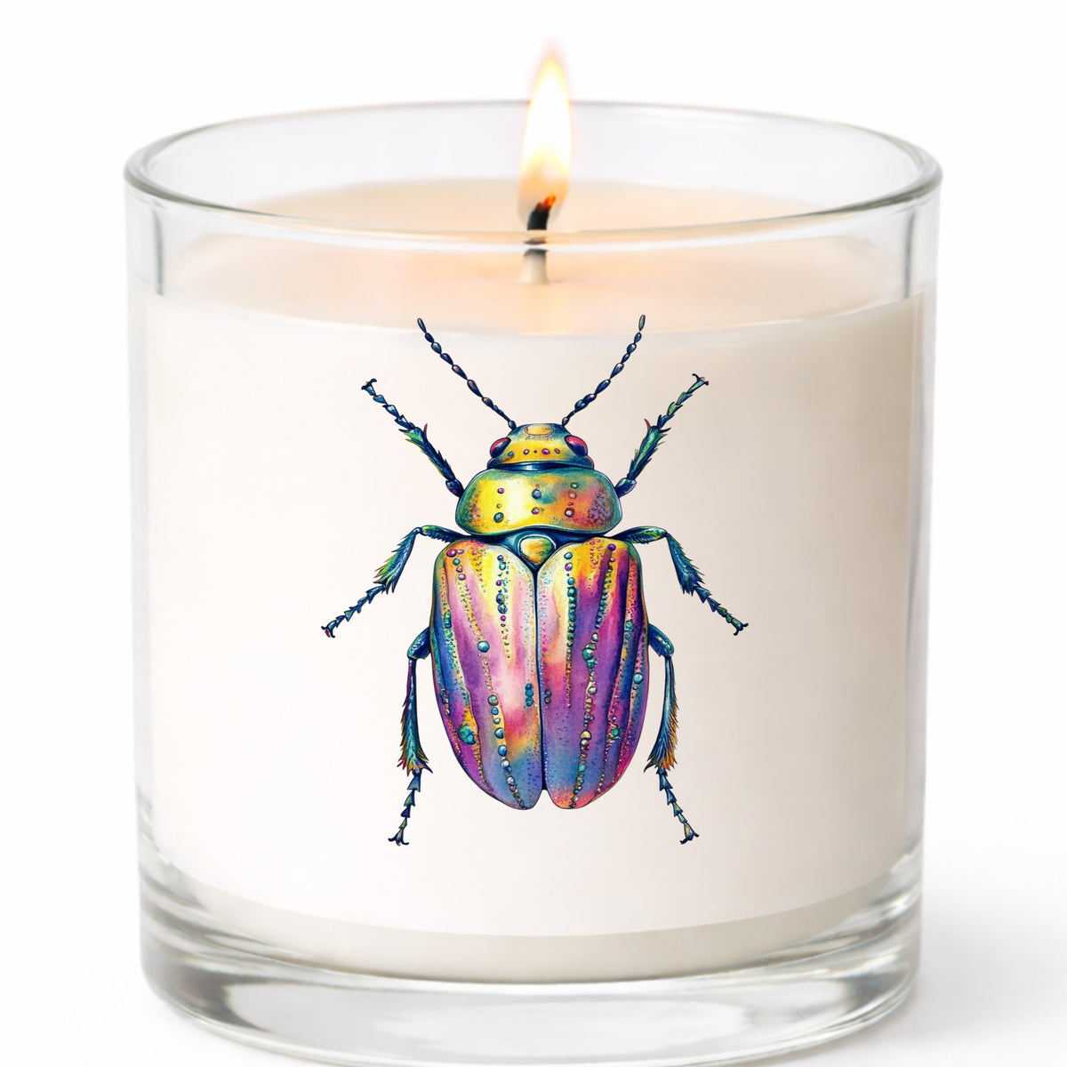 Purple Dewdrop Beetle UV DTF sticker applied to a white candle in a clear glass jar
