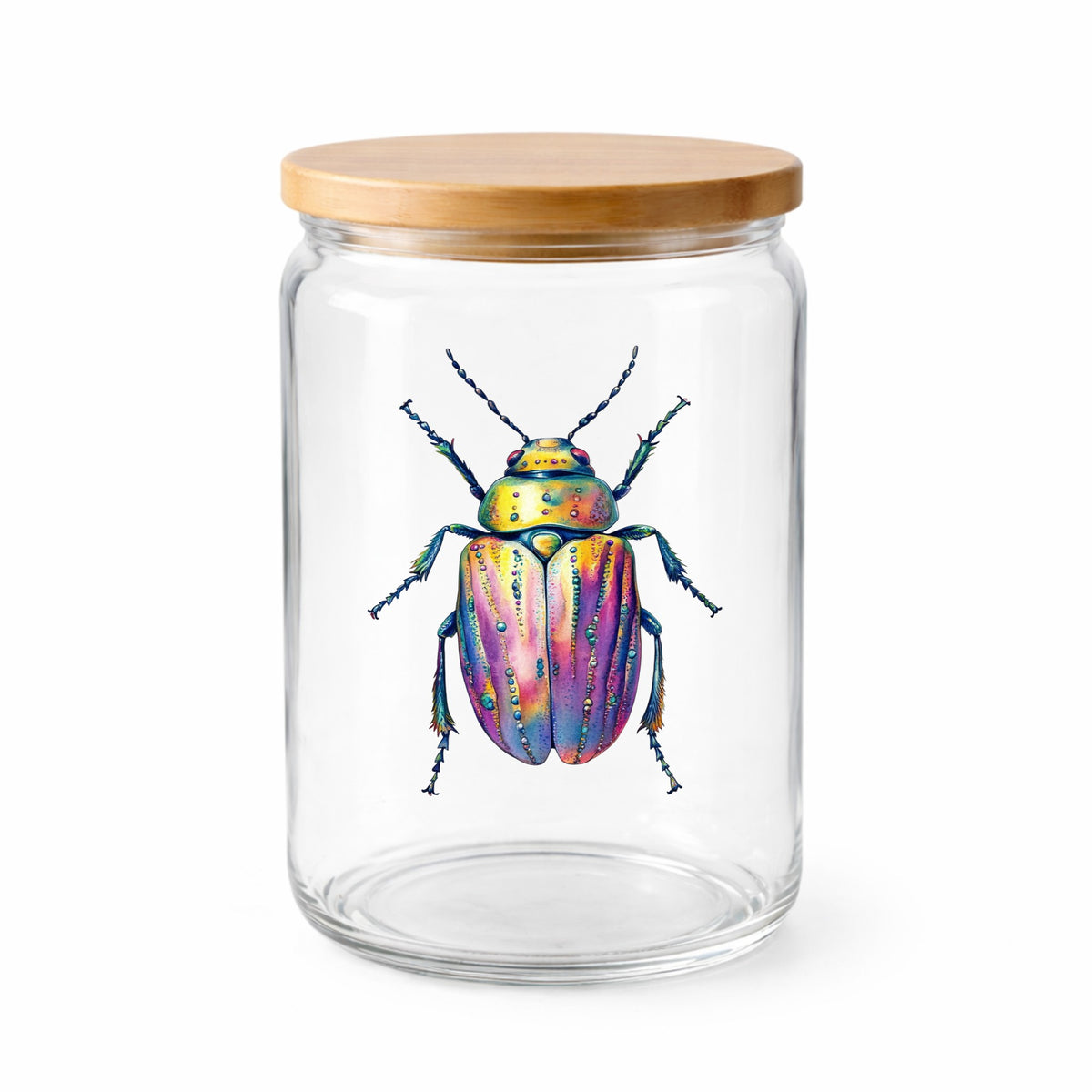 Purple Dewdrop Beetle UV DTF sticker applied to a clear glass jar with a wooden lid