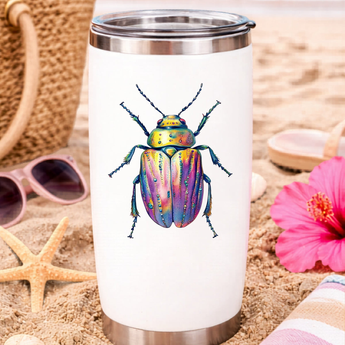 Purple Dewdrop Beetle UV DTF sticker applied to a white travel tumbler on beach sand