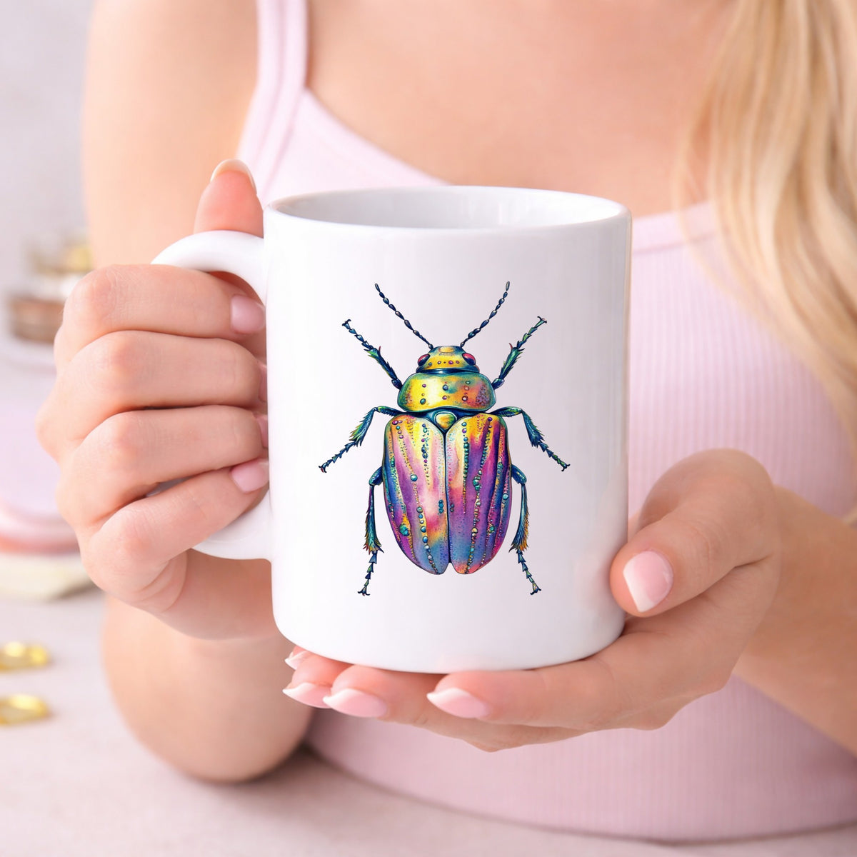Purple Dewdrop Beetle UV DTF sticker applied to a white coffee mug held in both hands