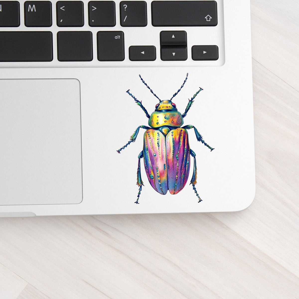 Purple Dewdrop Beetle UV DTF sticker applied to a silver laptop beside the keyboard