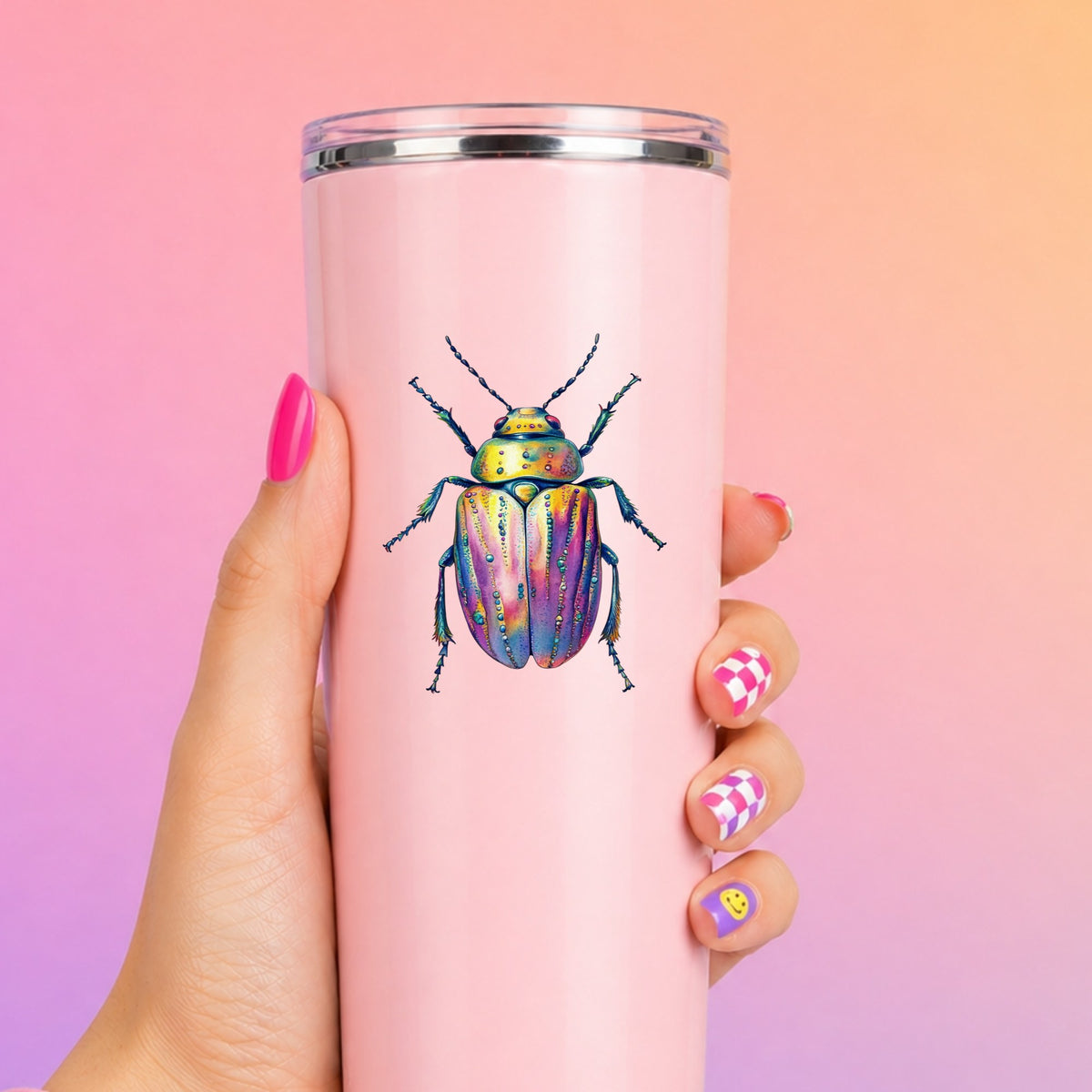 Purple Dewdrop Beetle UV DTF sticker applied to a tall pink tumbler on a pink and orange background