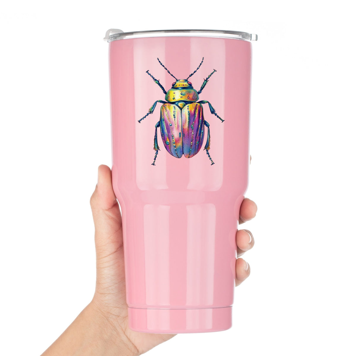 Purple Dewdrop Beetle UV DTF sticker applied to a pink tumbler held against a white background