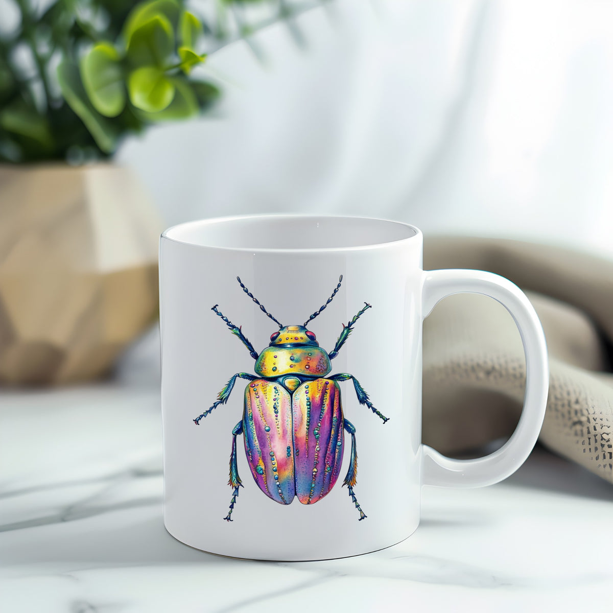 Purple Dewdrop Beetle UV DTF sticker applied to a white coffee mug