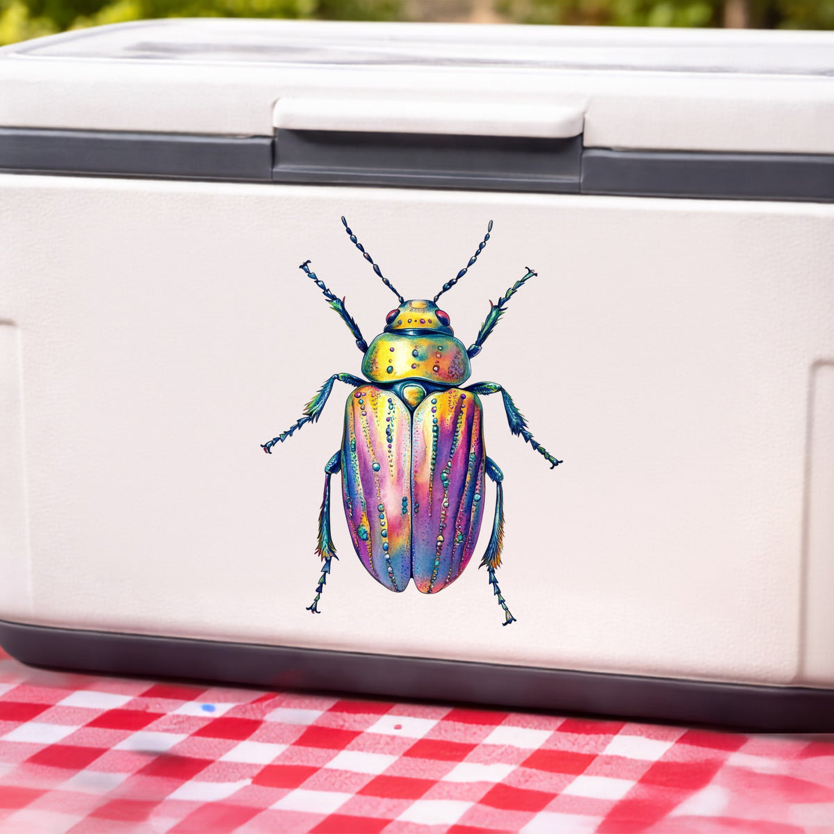 Purple Dewdrop Beetle UV DTF sticker applied to a white cooler on a red gingham cloth