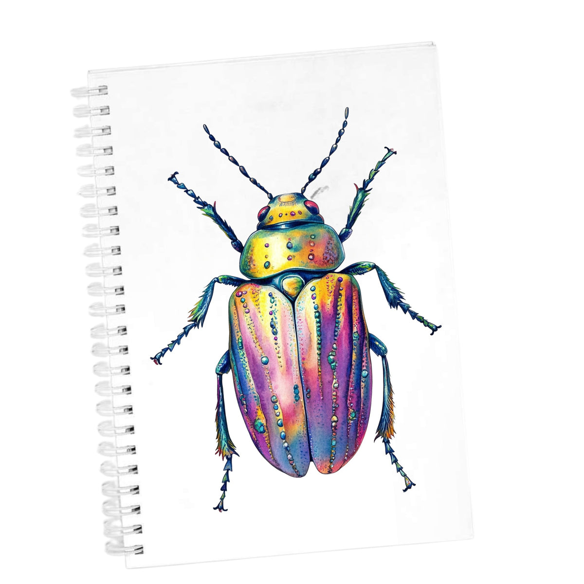 Purple Dewdrop Beetle UV DTF sticker applied to the cover of a white spiral journal