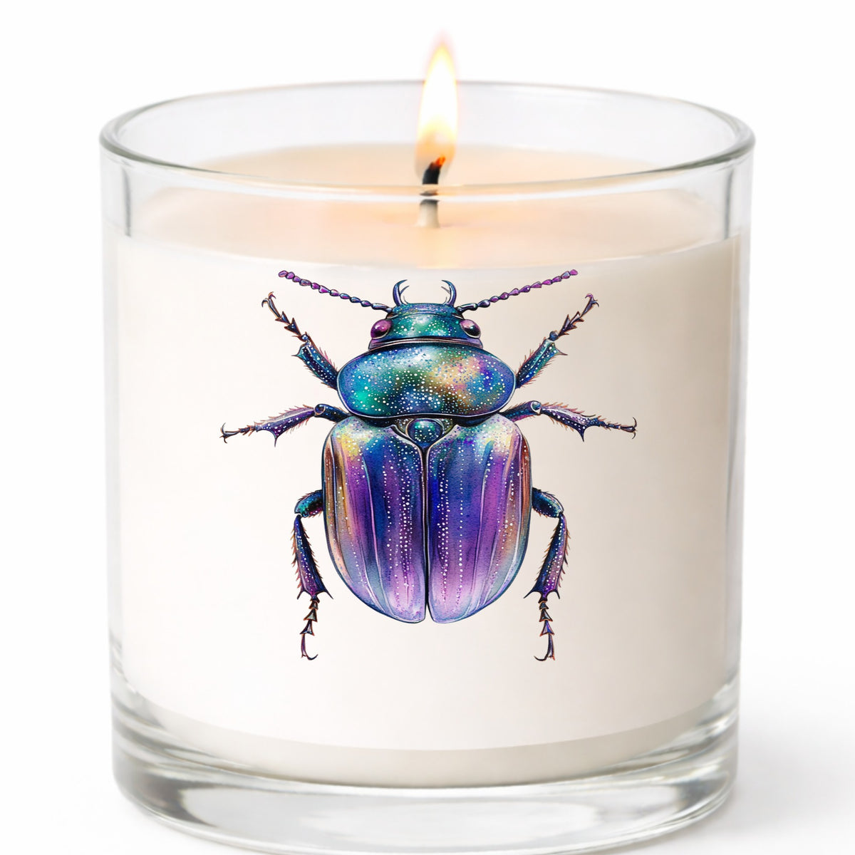 Violet Sparkle Beetle UV DTF sticker applied to a white candle in a clear glass jar