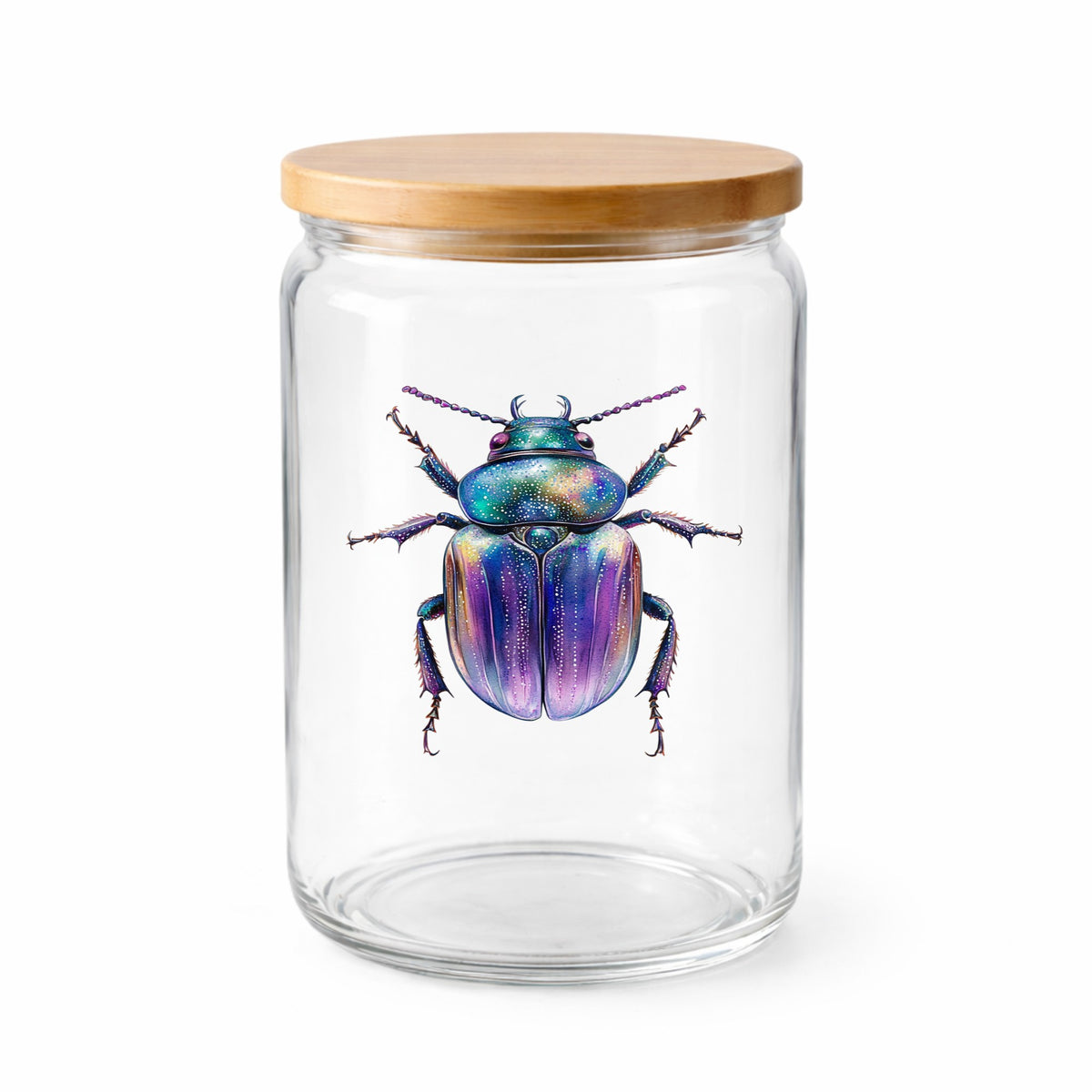 Violet Sparkle Beetle UV DTF sticker applied to a clear glass jar with a wooden lid
