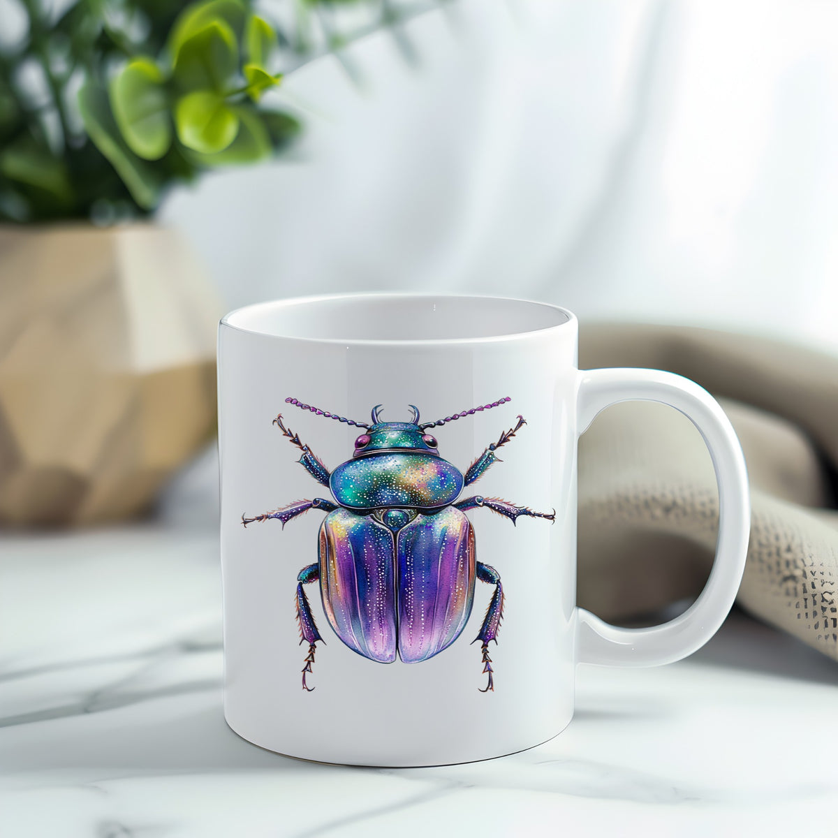 Violet Sparkle Beetle UV DTF sticker applied to a white coffee mug