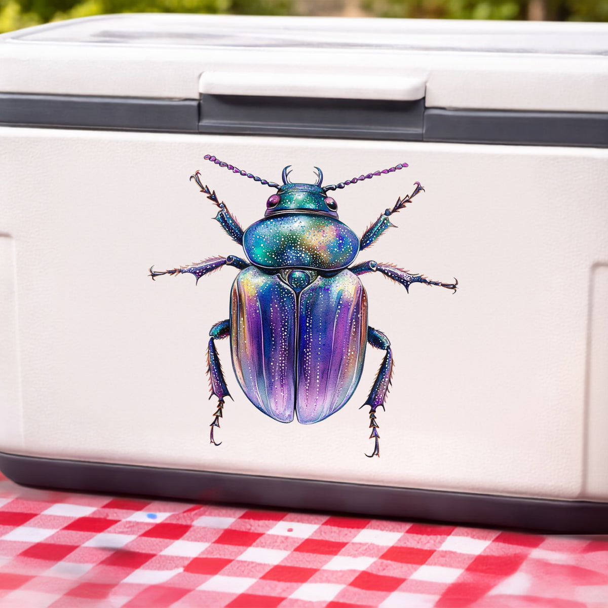 Violet Sparkle Beetle UV DTF sticker applied to a white cooler on a red gingham cloth
