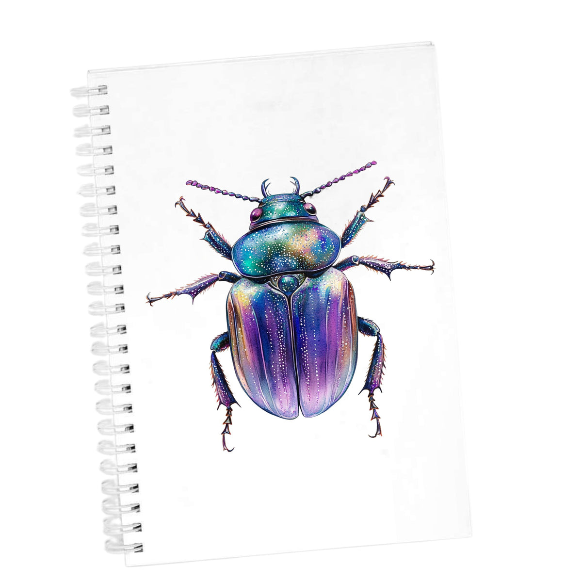 Violet Sparkle Beetle UV DTF sticker applied to the cover of a white spiral journal