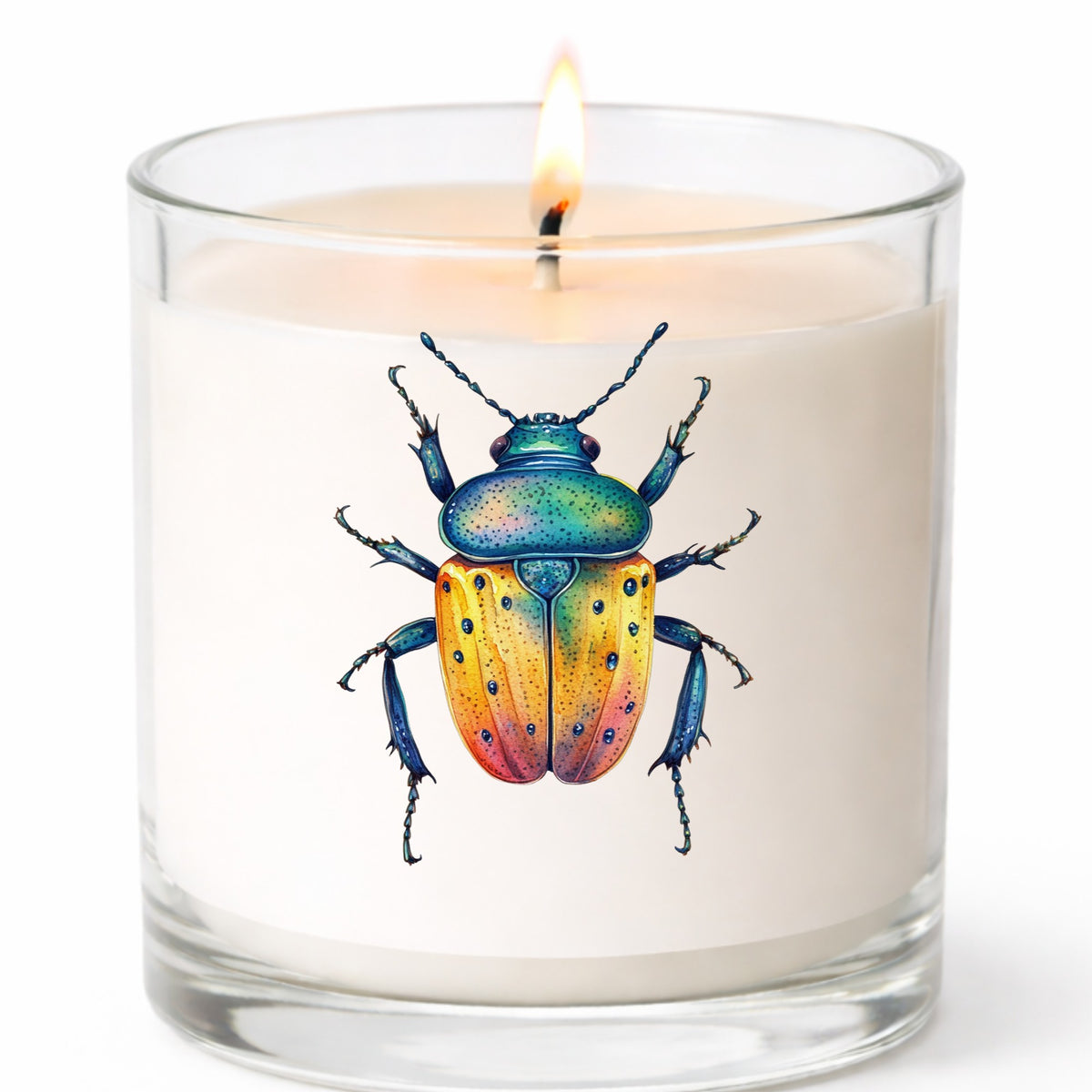 Orange And Blue Spotted Beetle UV DTF sticker applied to a white candle in a clear glass jar
