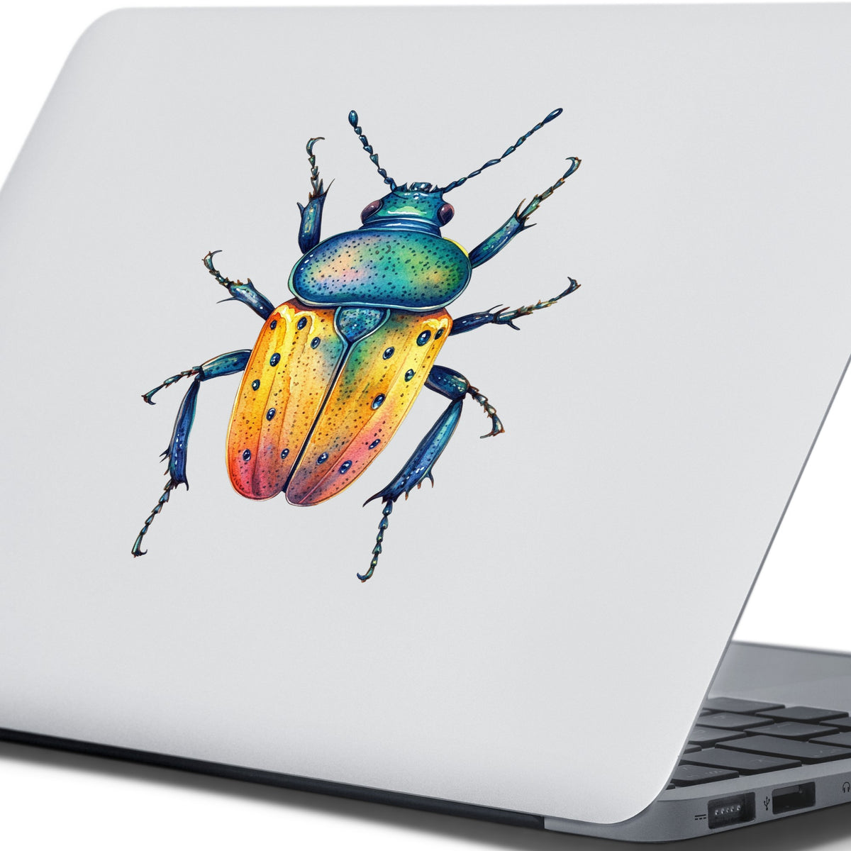 Orange And Blue Spotted Beetle UV DTF sticker applied to the lid of a silver laptop