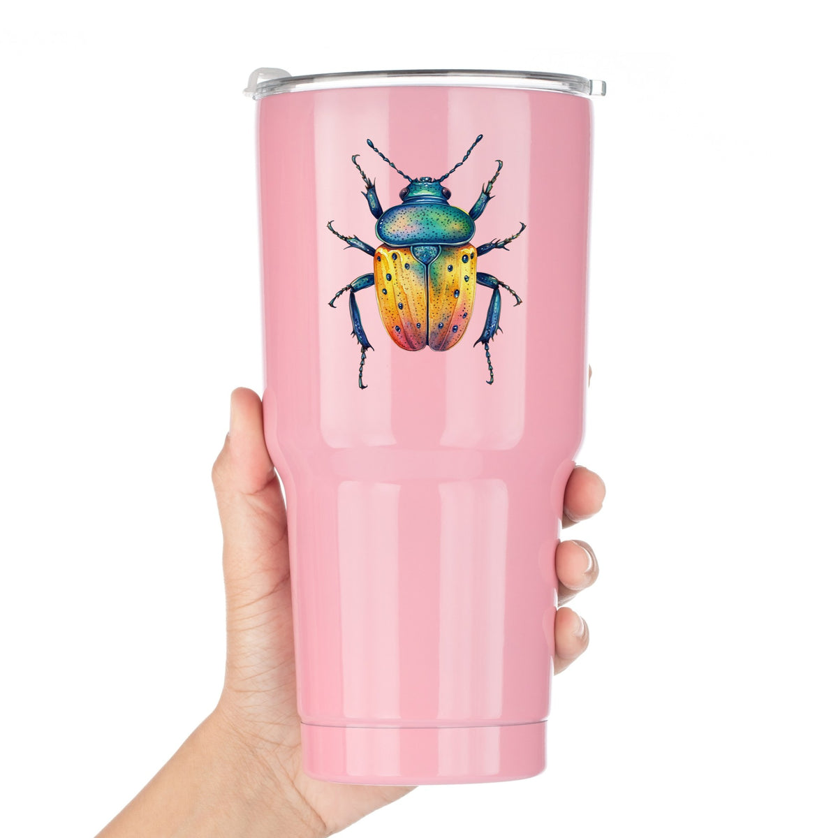 Orange And Blue Spotted Beetle UV DTF sticker applied to a pink tumbler held against a white background