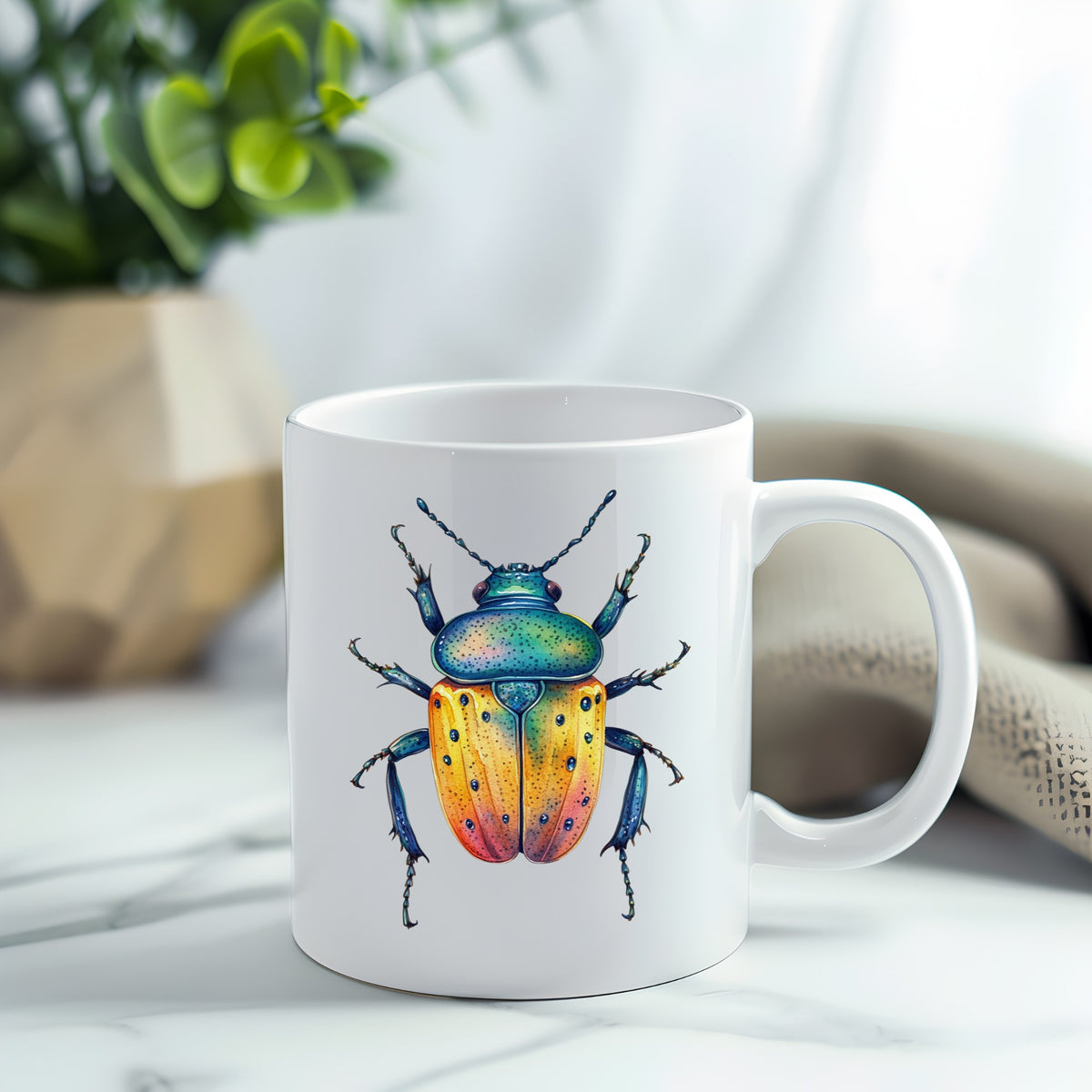Orange And Blue Spotted Beetle UV DTF sticker applied to a white coffee mug