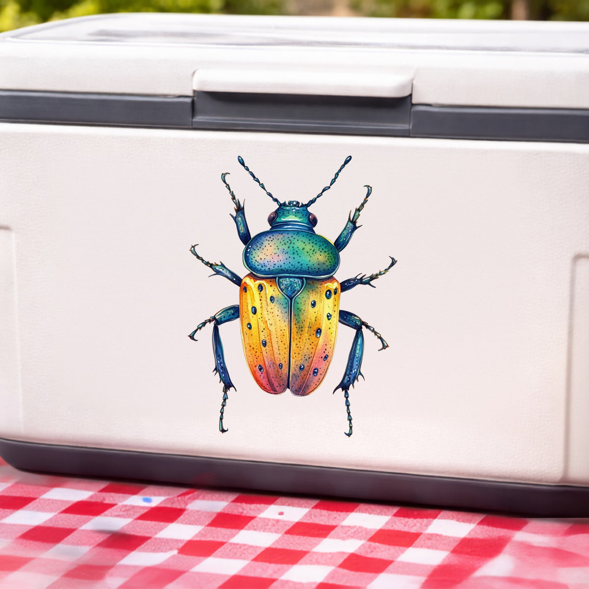 Orange And Blue Spotted Beetle UV DTF sticker applied to a white cooler on a red gingham cloth