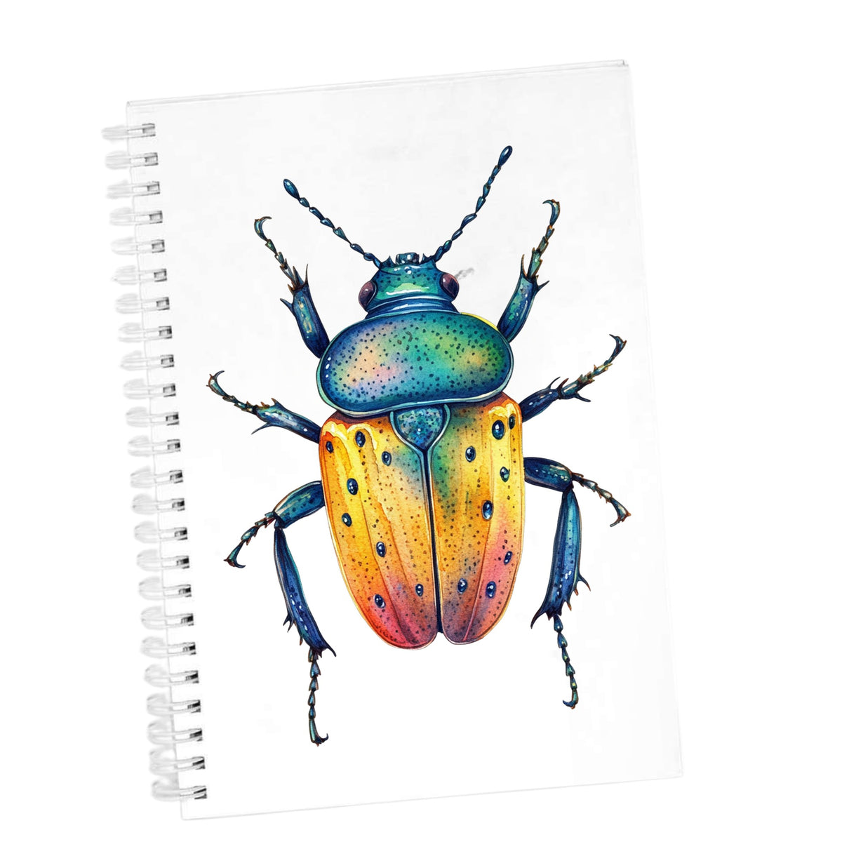 Orange And Blue Spotted Beetle UV DTF sticker applied to the cover of a white spiral journal