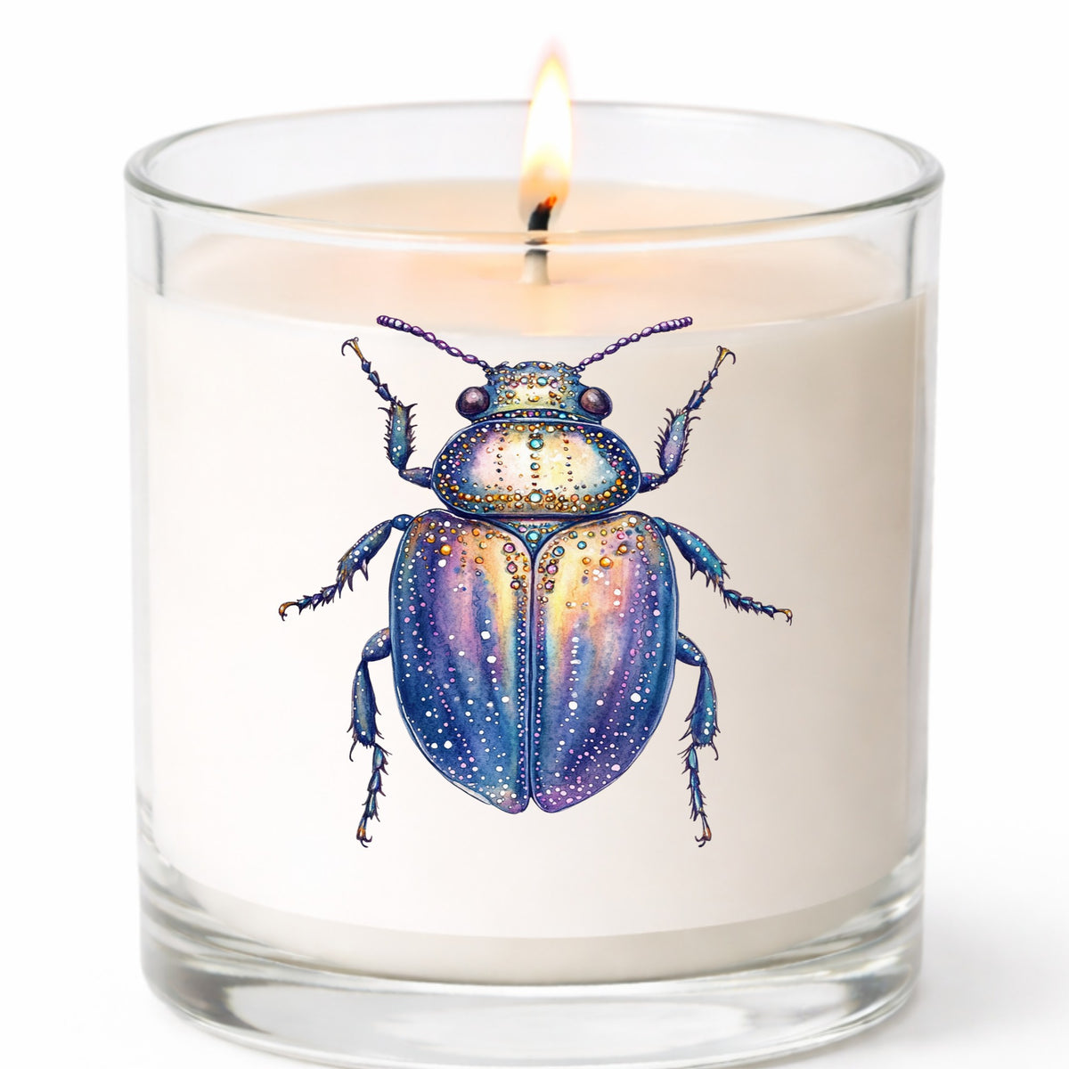 Lavender Jeweled Beetle UV DTF sticker applied to a white candle in a clear glass jar