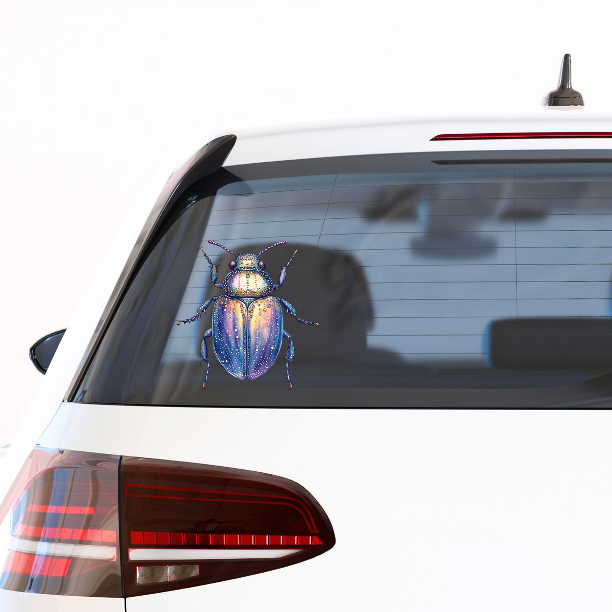 Lavender Jeweled Beetle UV DTF sticker applied to the rear window of a white car