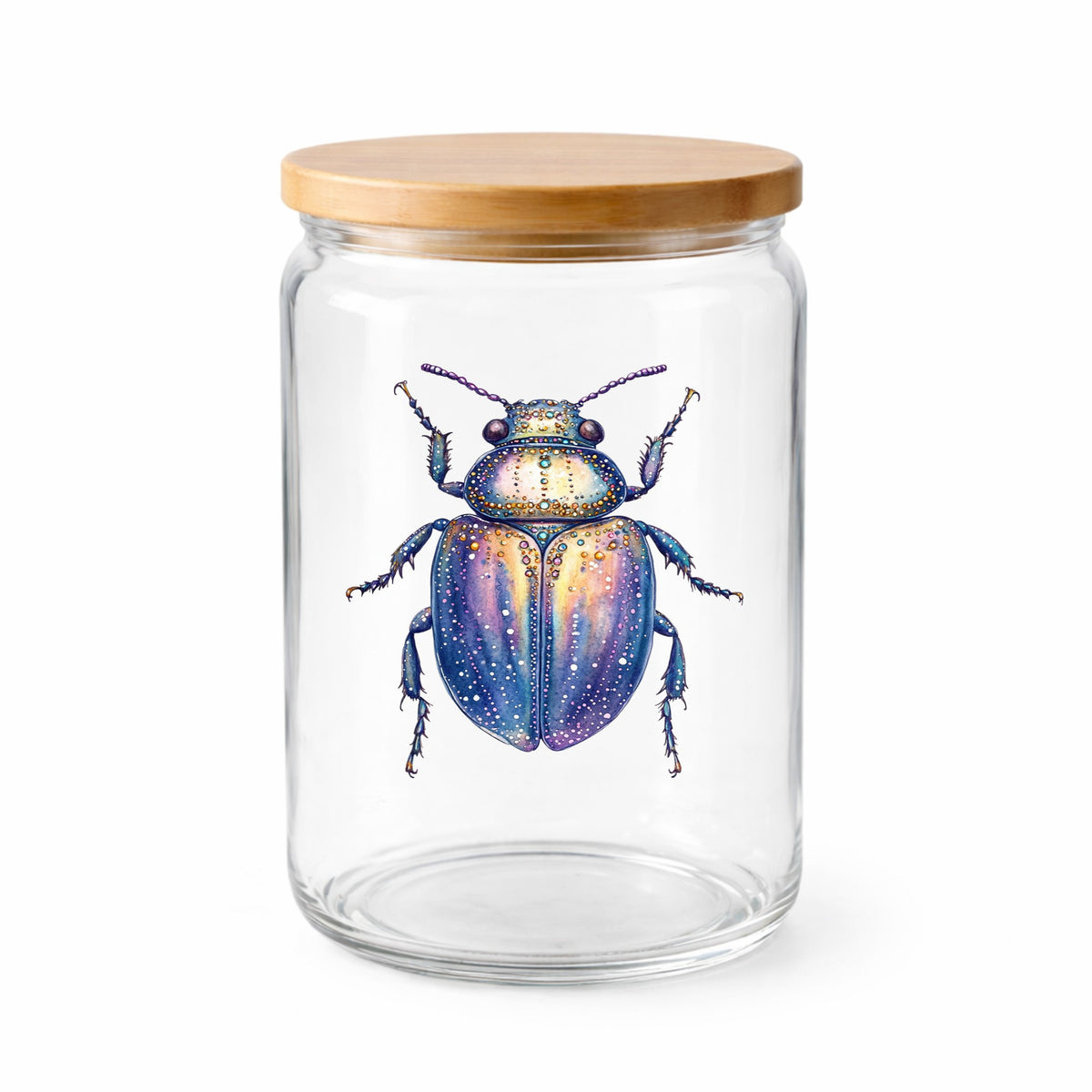 Lavender Jeweled Beetle UV DTF sticker applied to a clear glass jar with a wooden lid