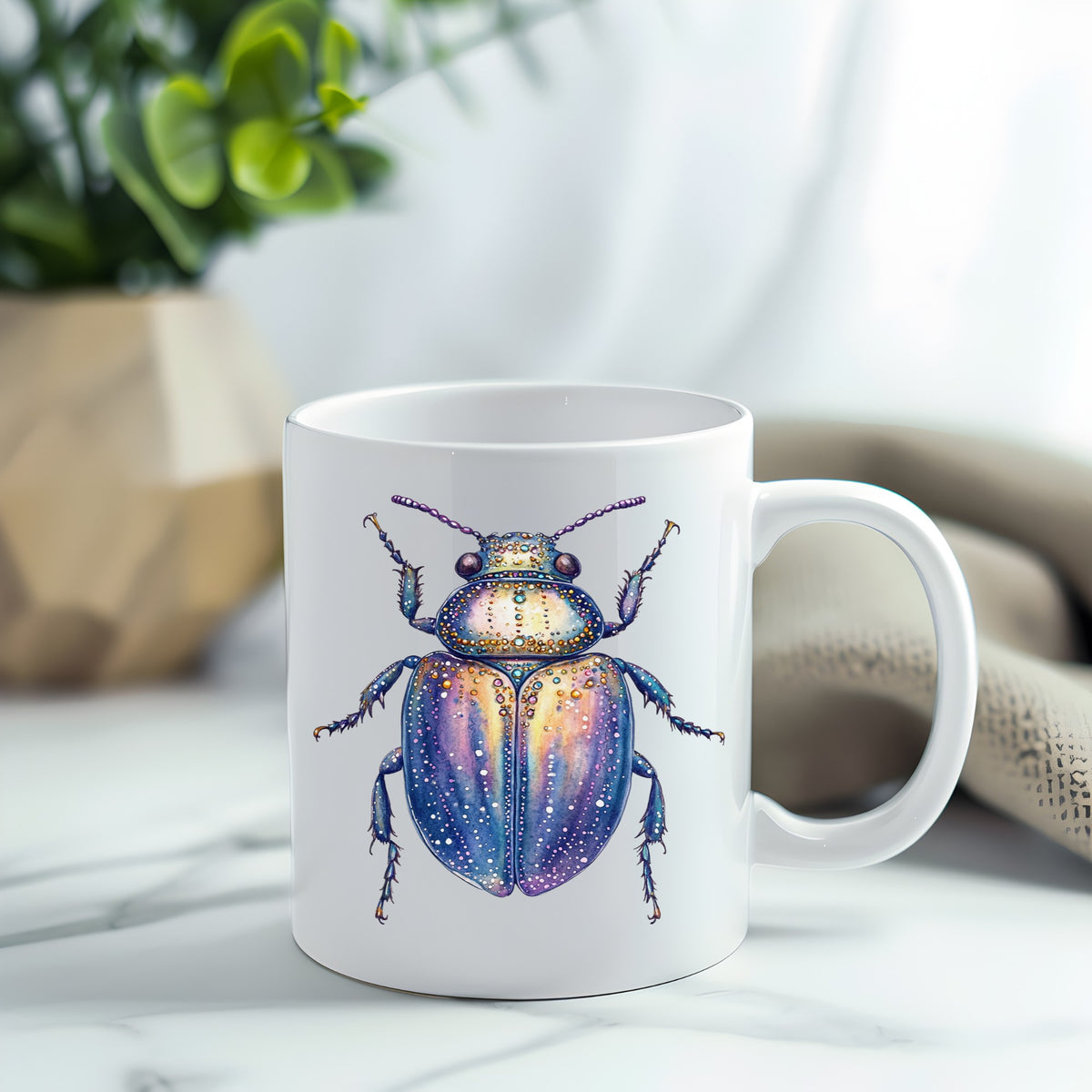 Lavender Jeweled Beetle UV DTF sticker applied to a white coffee mug