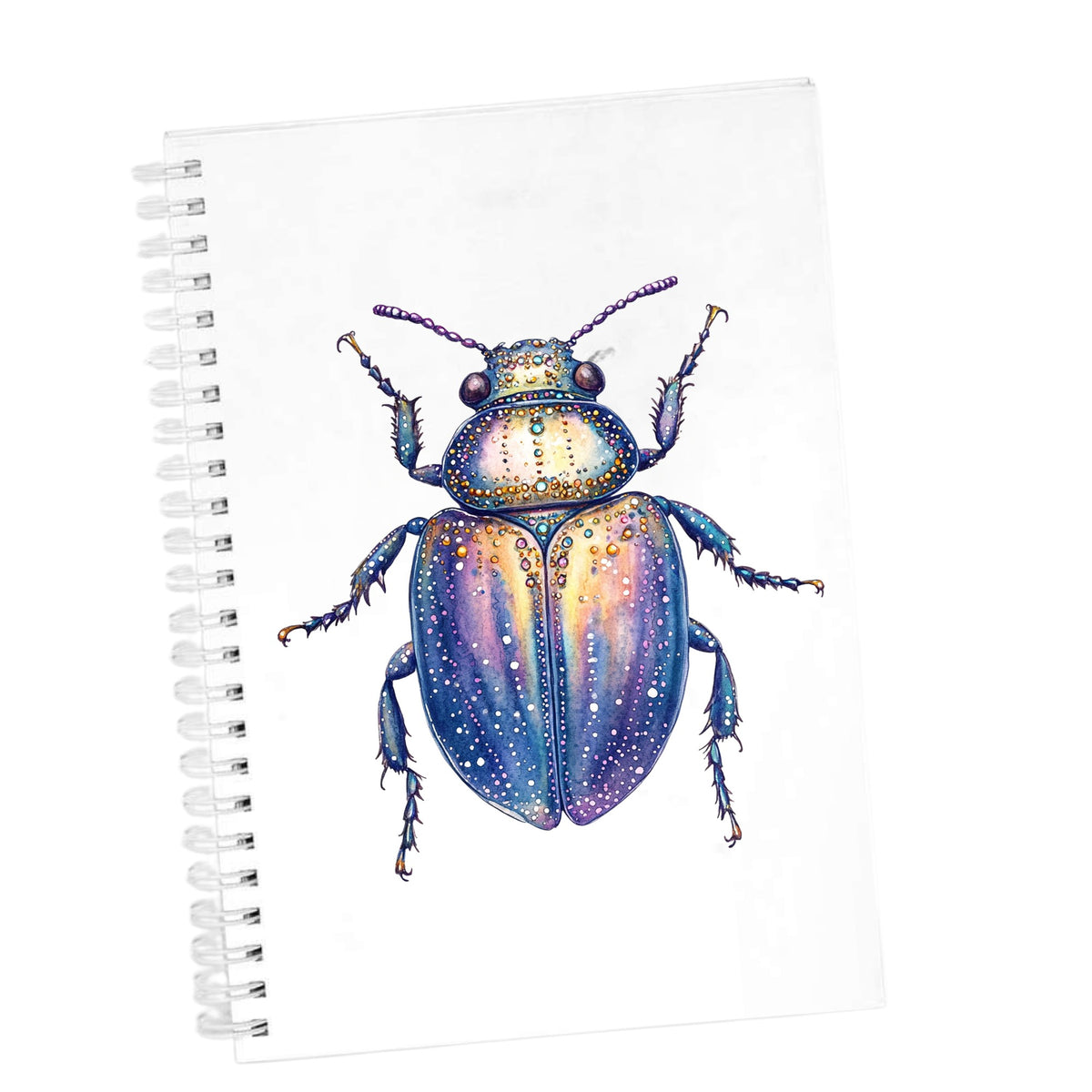 Lavender Jeweled Beetle UV DTF sticker applied to the cover of a white spiral journal