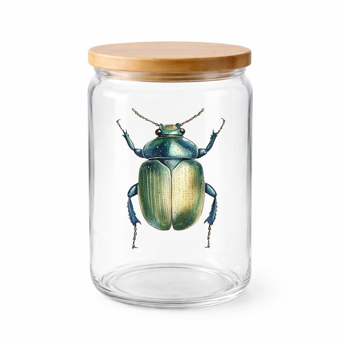 Green Scarab Beetle UV DTF sticker applied to a clear glass jar with a wooden lid