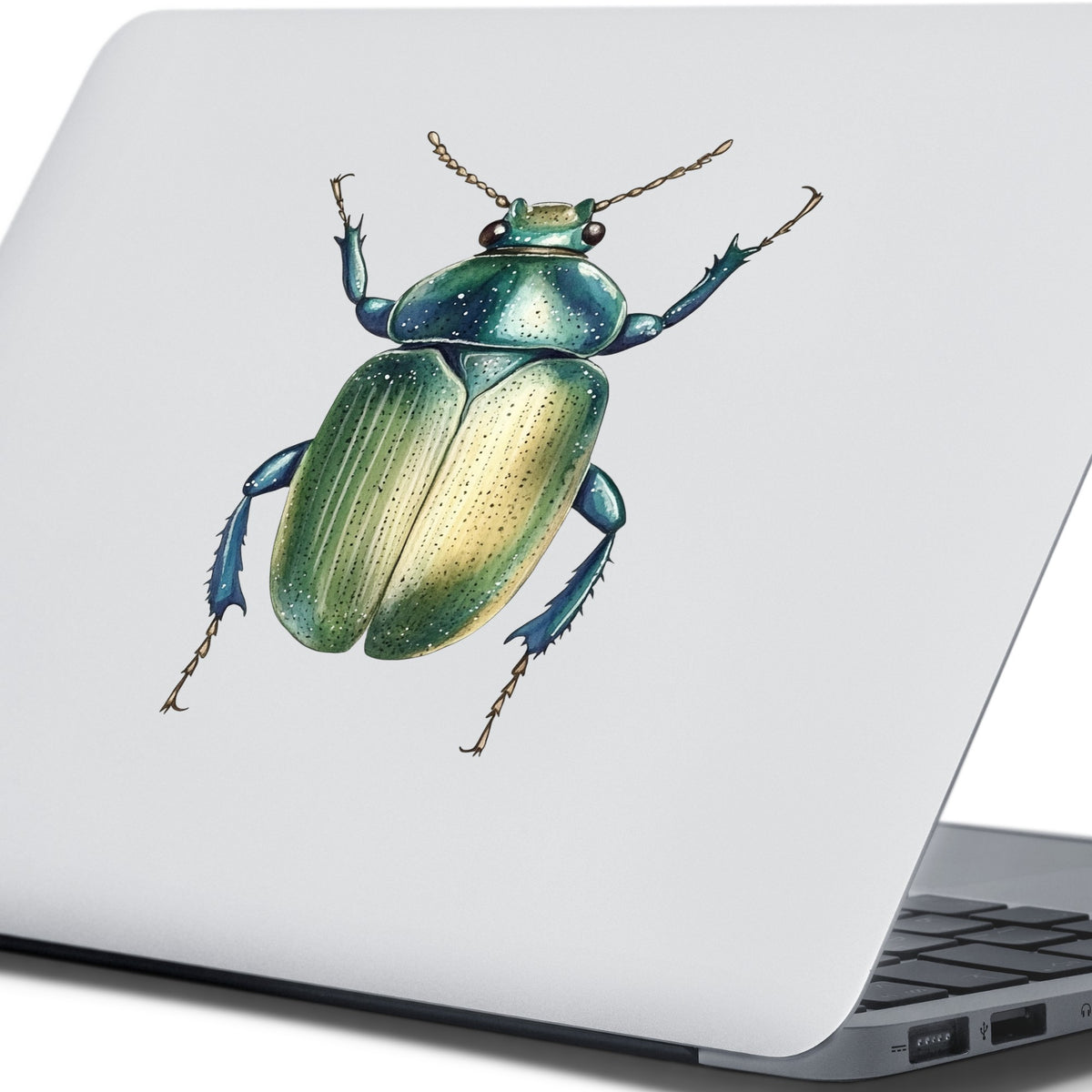 Green Scarab Beetle UV DTF sticker applied to the lid of a silver laptop