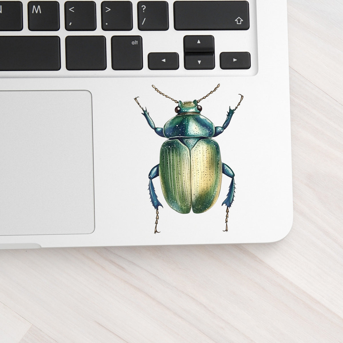 Green Scarab Beetle UV DTF sticker applied to a silver laptop beside the keyboard
