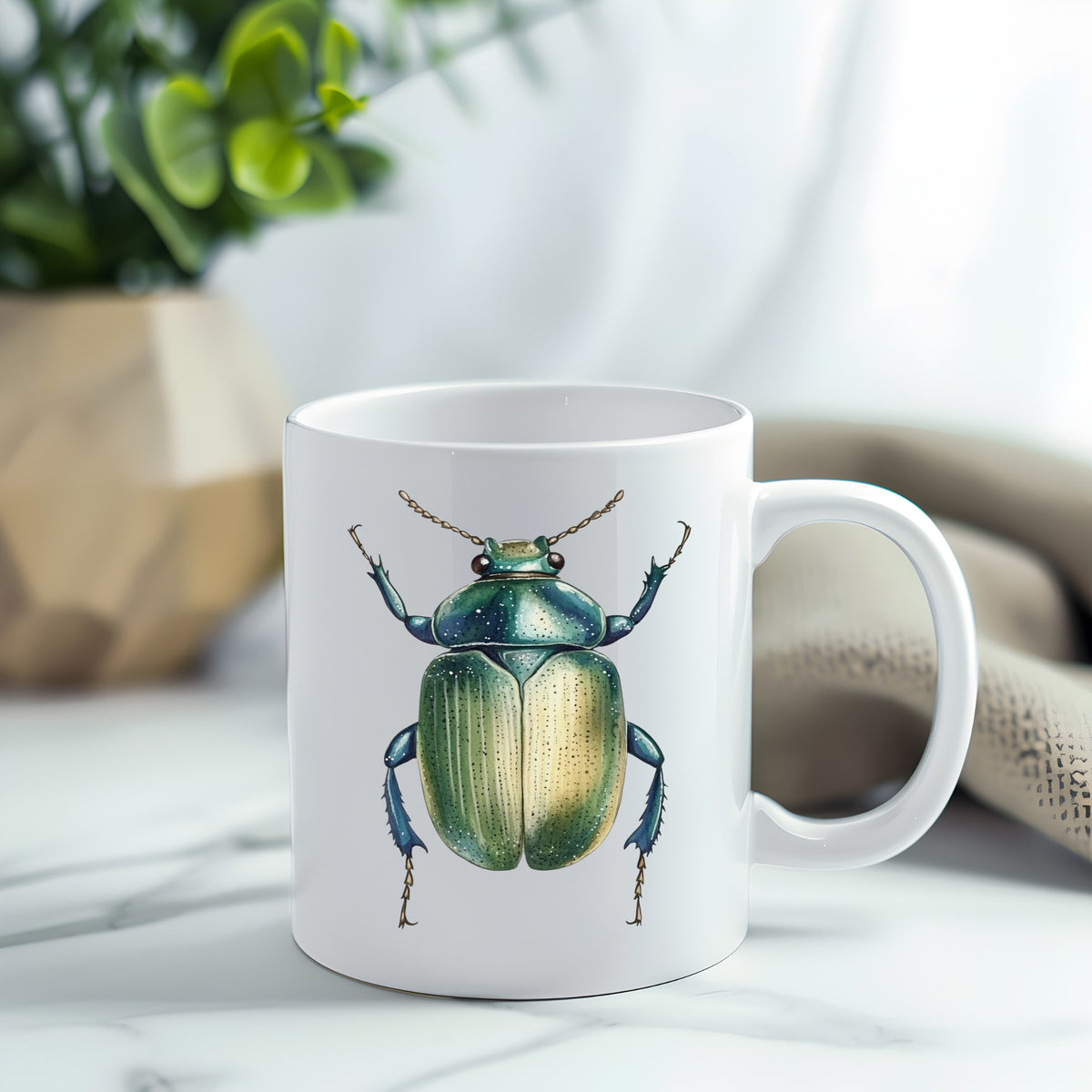Green Scarab Beetle UV DTF sticker applied to a white coffee mug