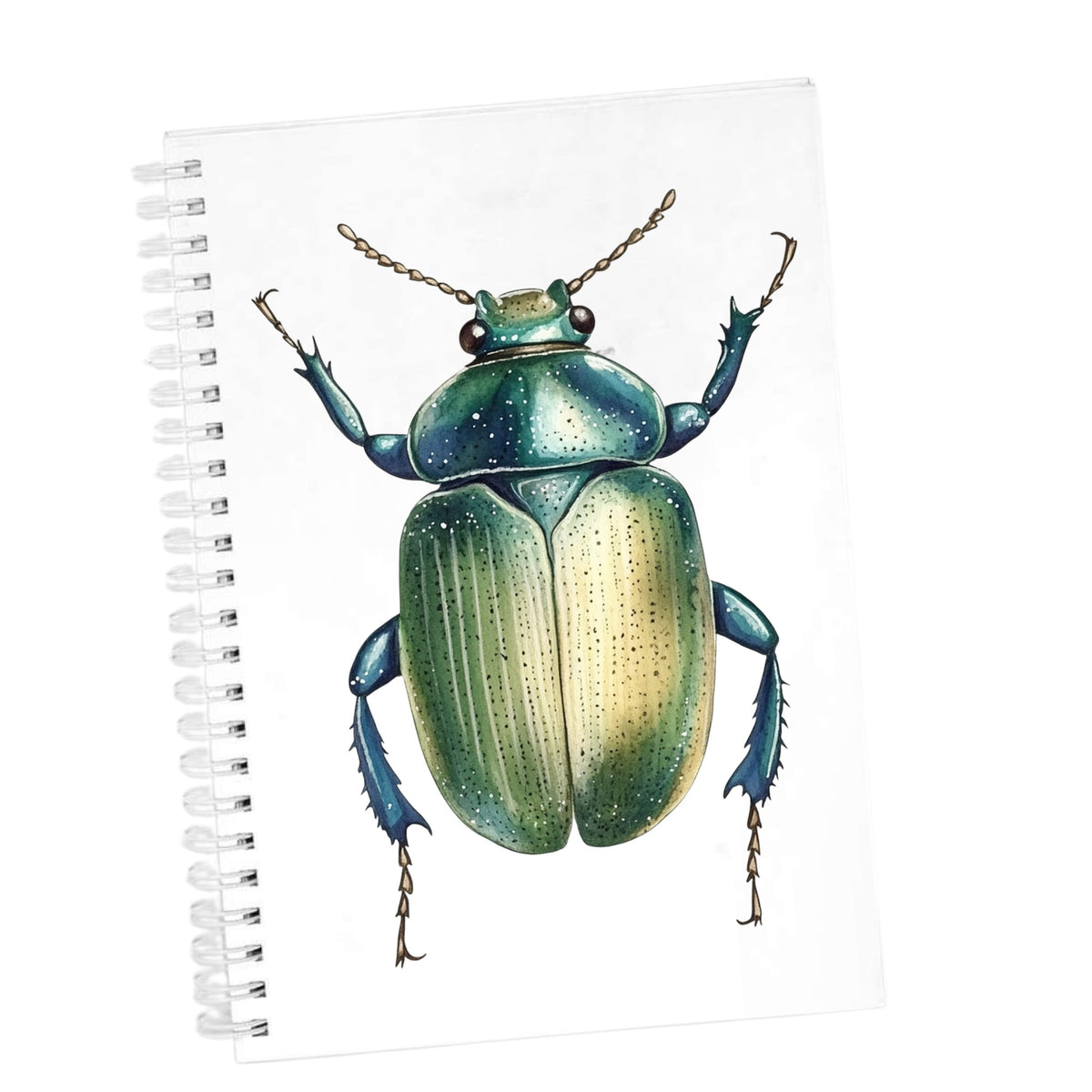 Green Scarab Beetle UV DTF sticker applied to the cover of a white spiral journal