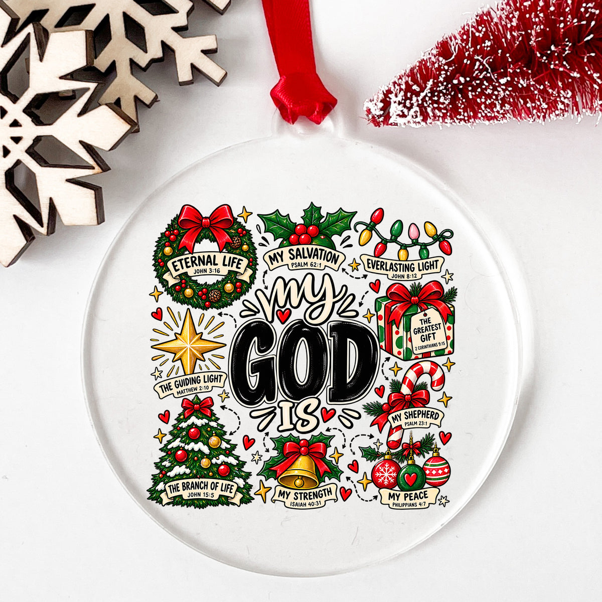 My God Is Christmas Scripture UV DTF sticker applied to a clear round acrylic ornament with a red ribbon
