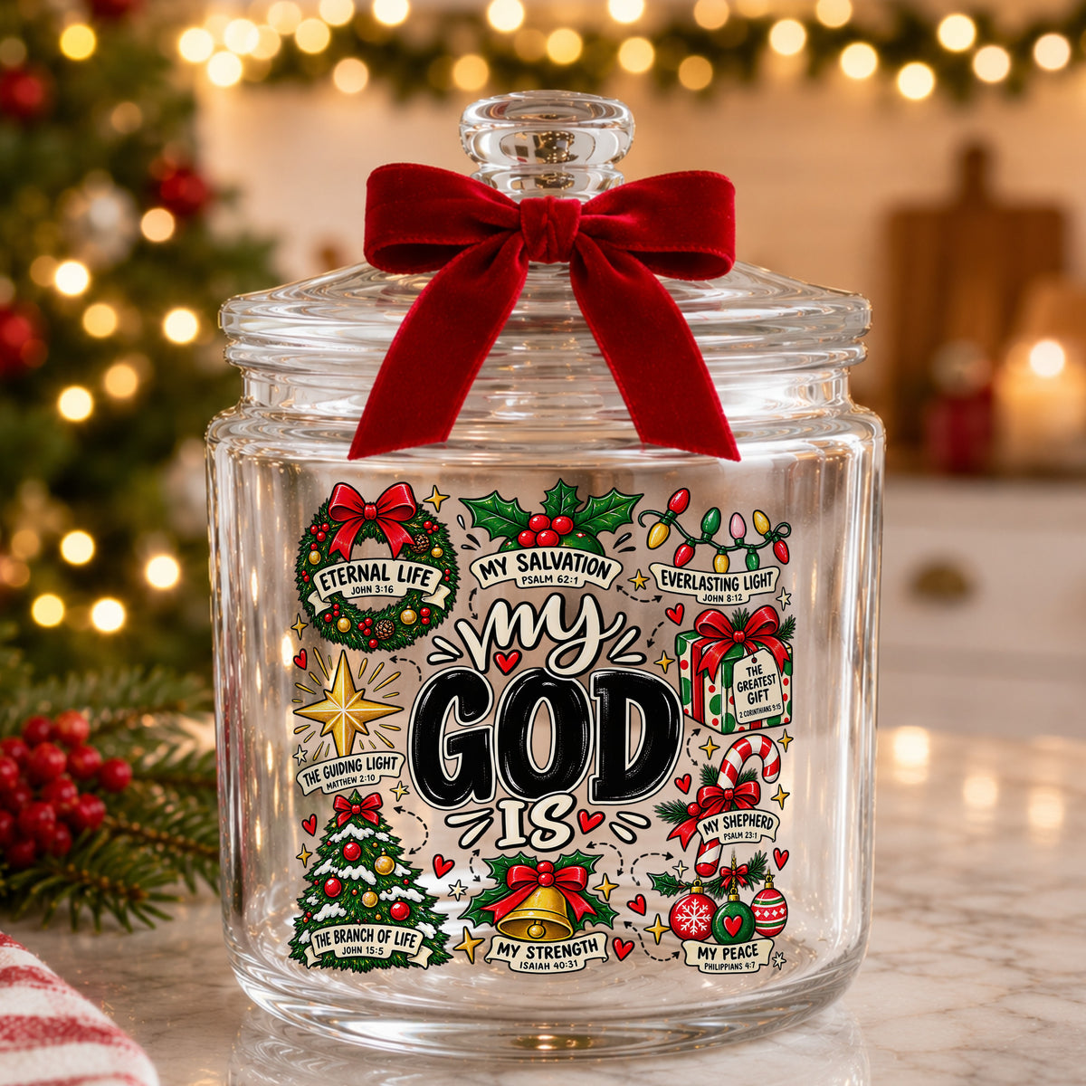 My God Is Christmas Scripture UV DTF sticker applied to a glass candy jar tied with a red bow