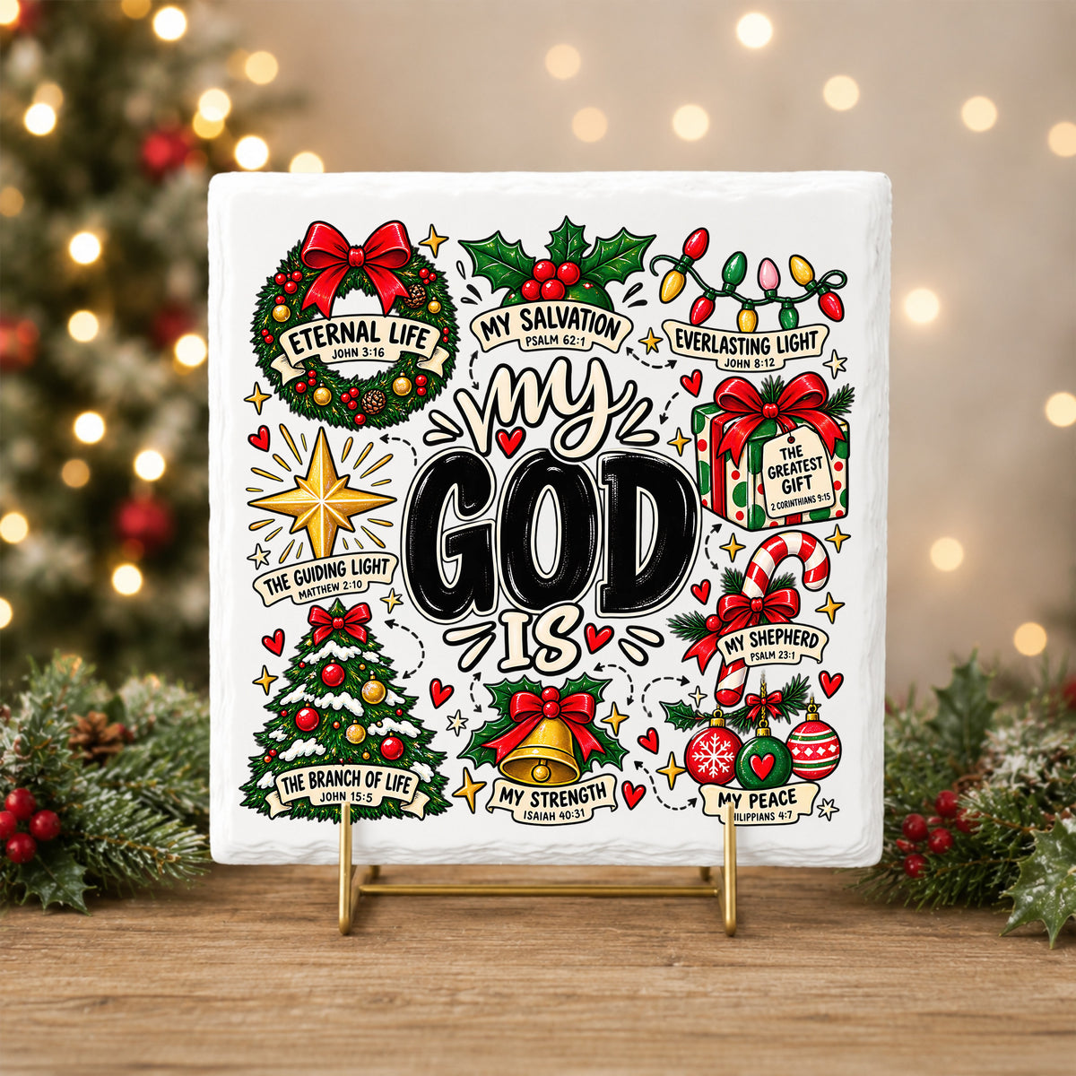 My God Is Christmas Scripture UV DTF sticker applied to a white tile on a gold stand