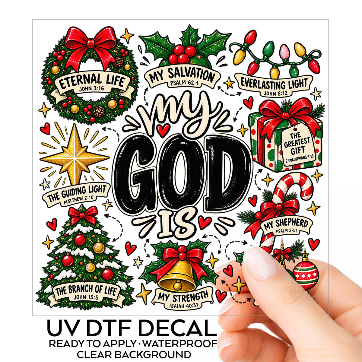 My God Is Christmas Scripture UV DTF sticker on its backing card, held in hand
