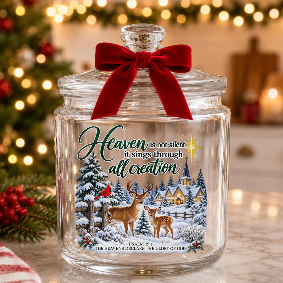 Heaven Is Not Silent Christmas Deer UV DTF sticker applied to a glass candy jar tied with a red bow