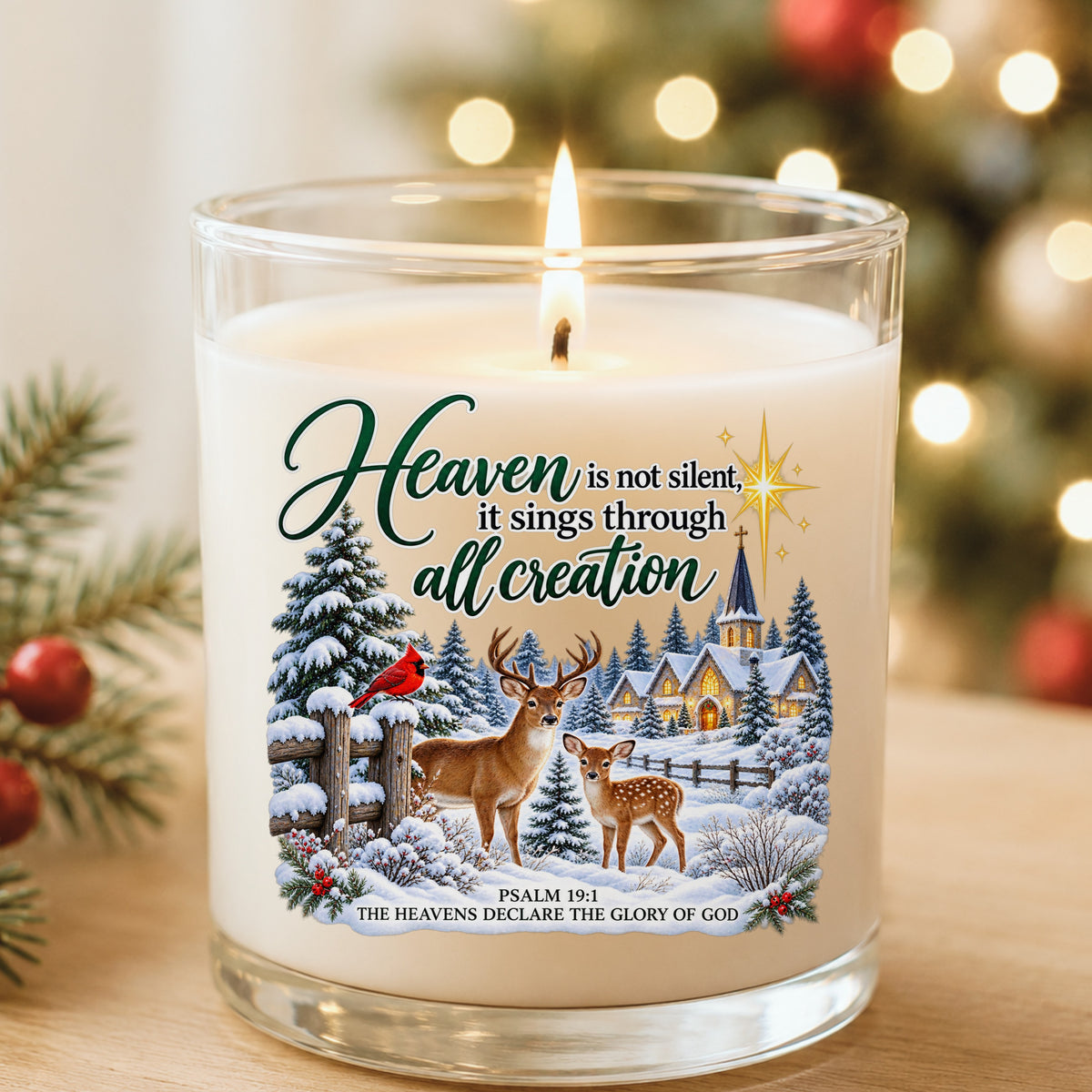Heaven Is Not Silent Christmas Deer UV DTF sticker applied to a white candle in a glass holder near Christmas lights