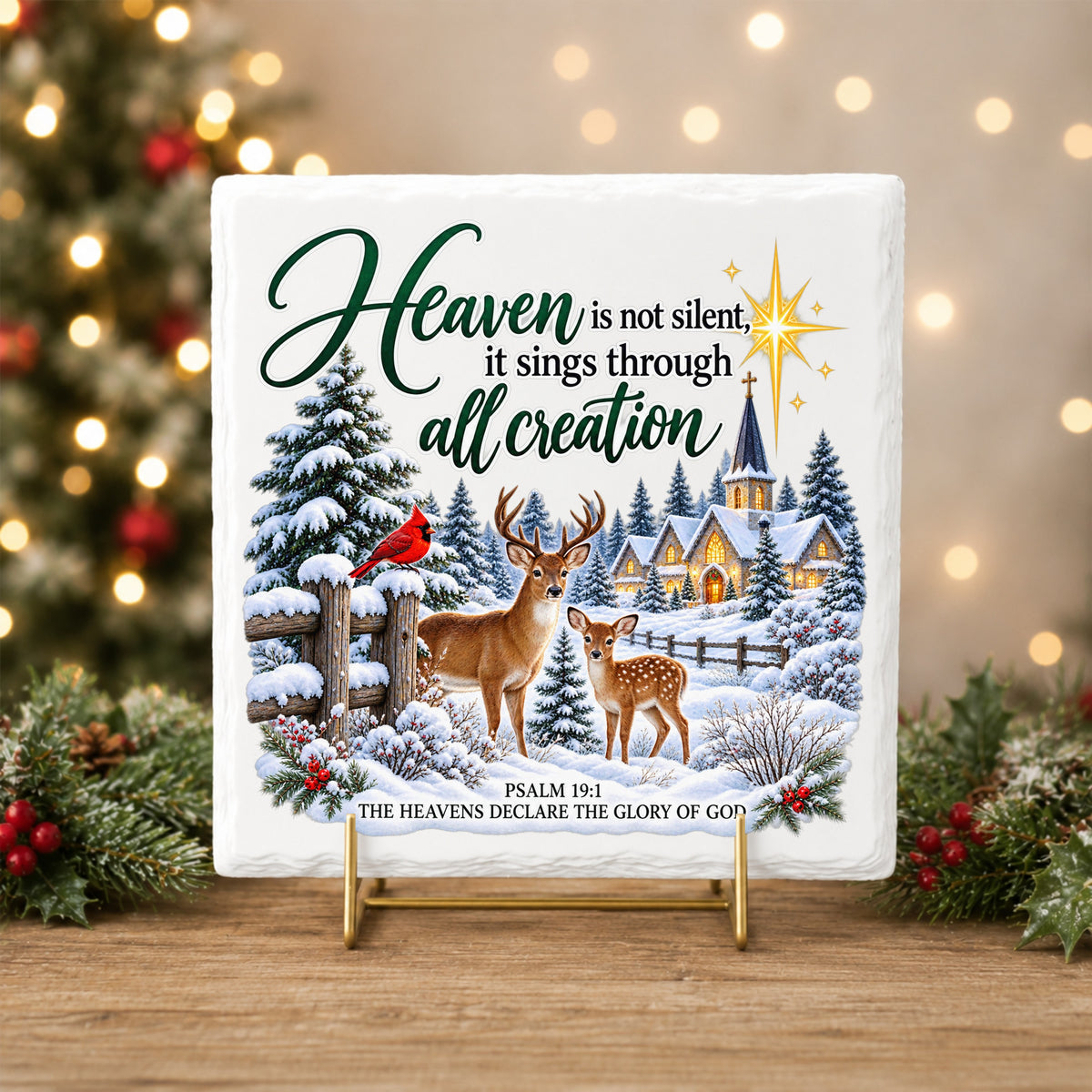 Heaven Is Not Silent Christmas Deer UV DTF sticker applied to a white tile on a gold stand