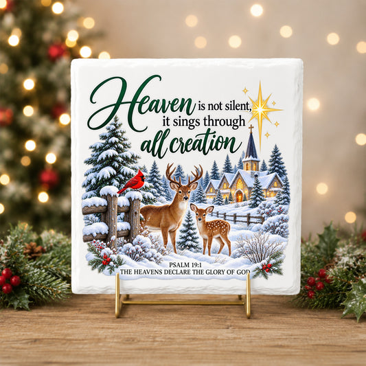 Heaven Is Not Silent Christmas Deer UV DTF sticker applied to a white tile on a gold stand