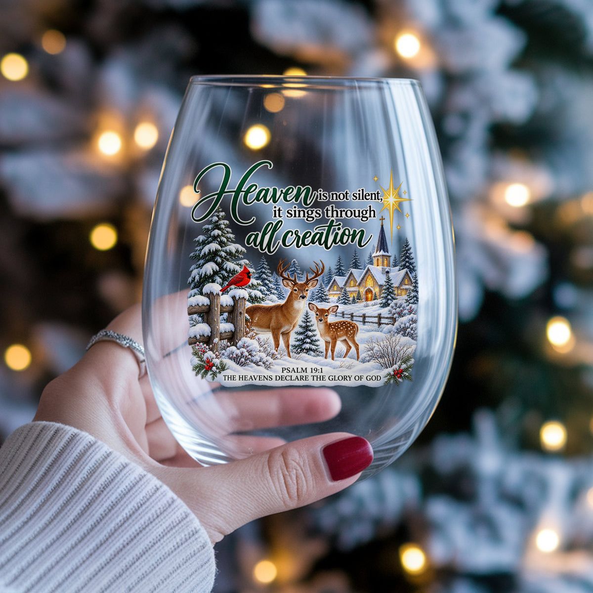 Heaven Is Not Silent Christmas Deer UV DTF sticker applied to a stemless wine glass held in hand